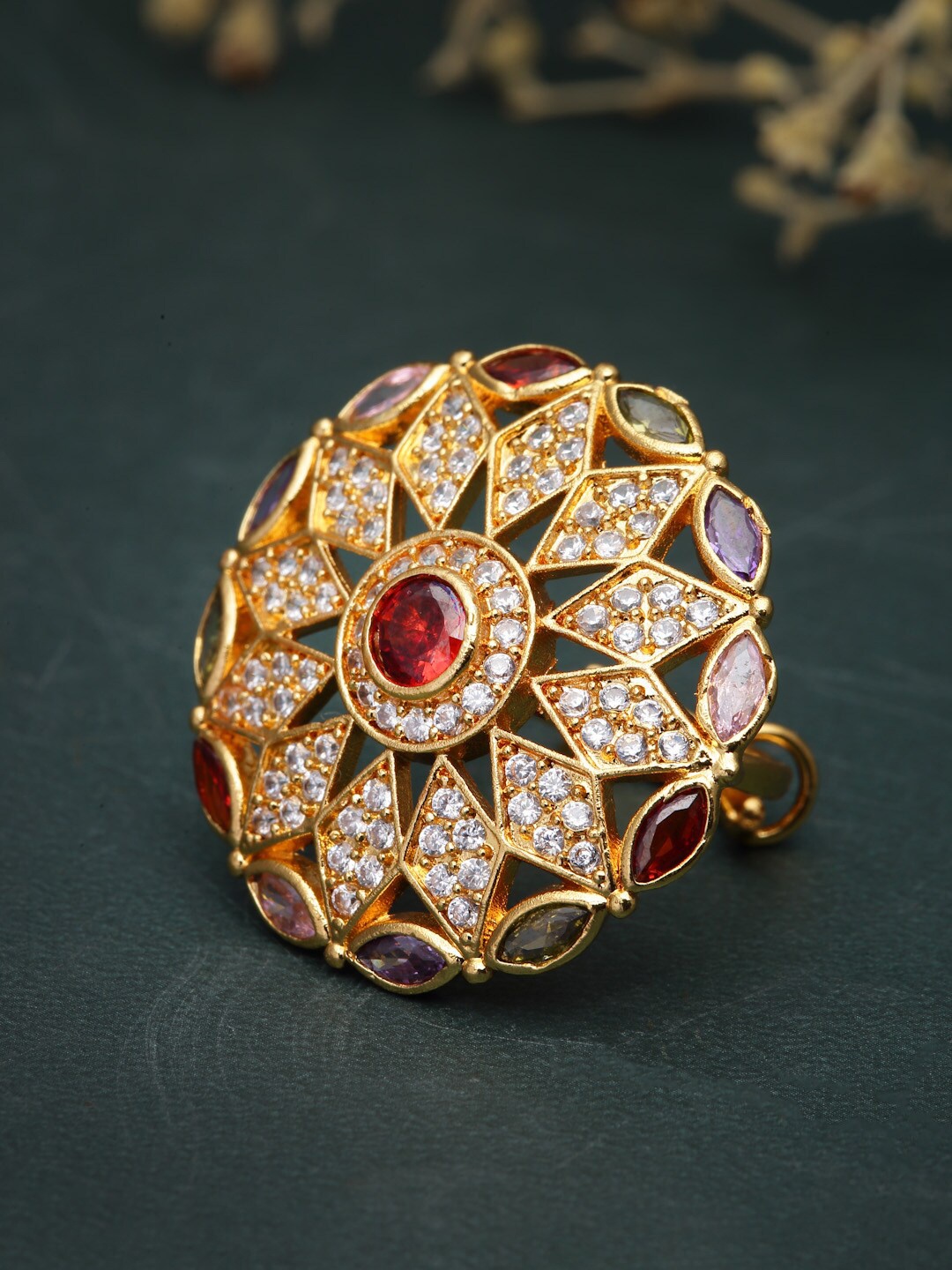 

Sanjog Gold-Plated Cubic Zirconia-Studded Adjustable Finger Ring