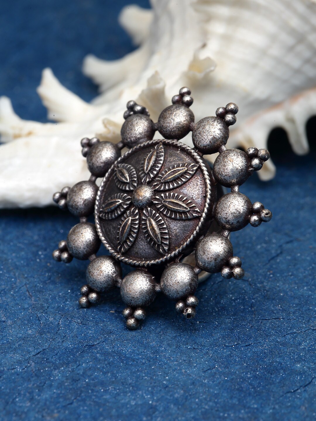 

Sanjog Silver-Plated Oxidized Antique Tribal Floral Adjustable Finger Ring