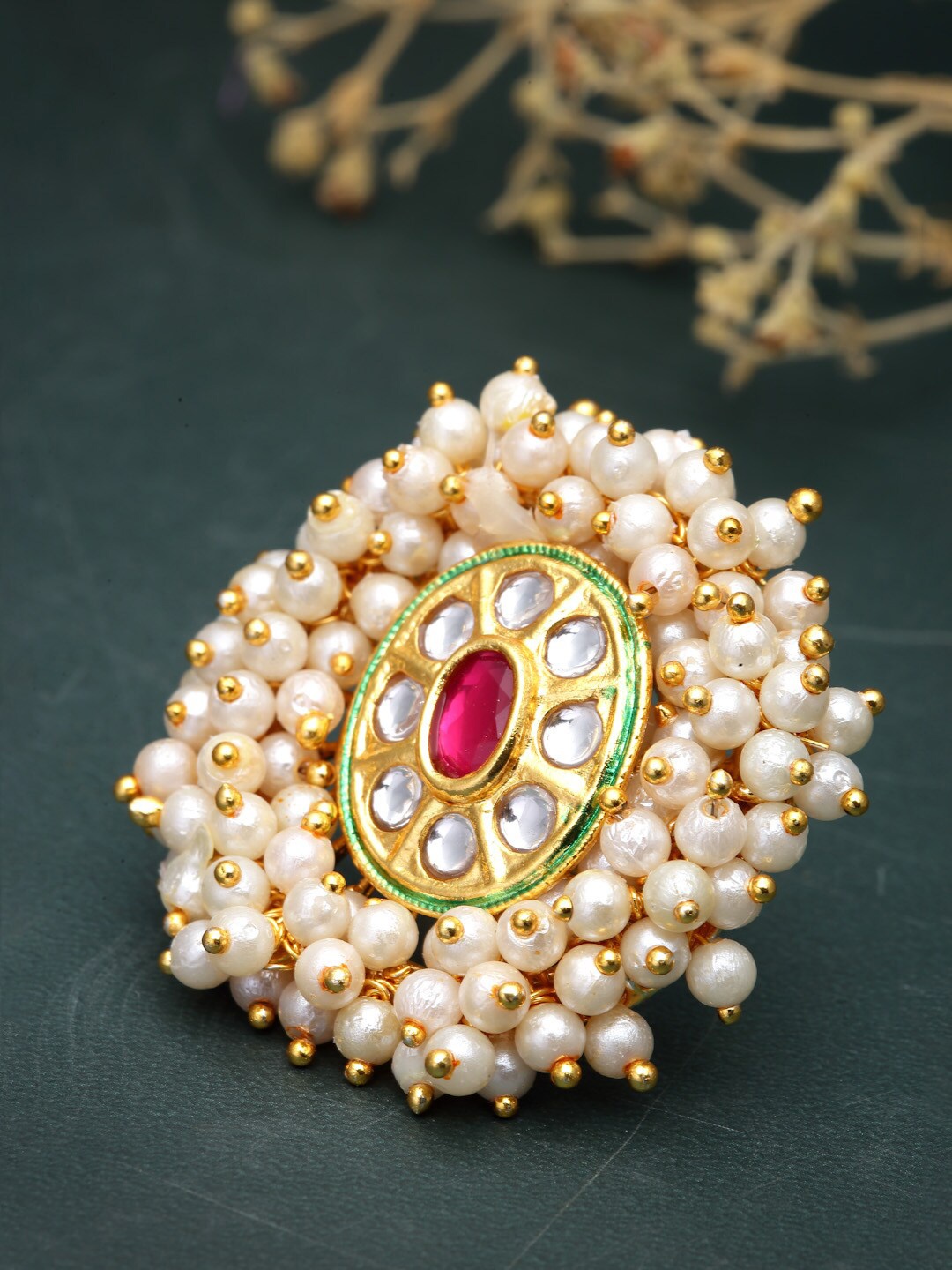 

Sanjog Gold-Plated Kundan Pearl Beaded Stone Adjustable Finger Ring
