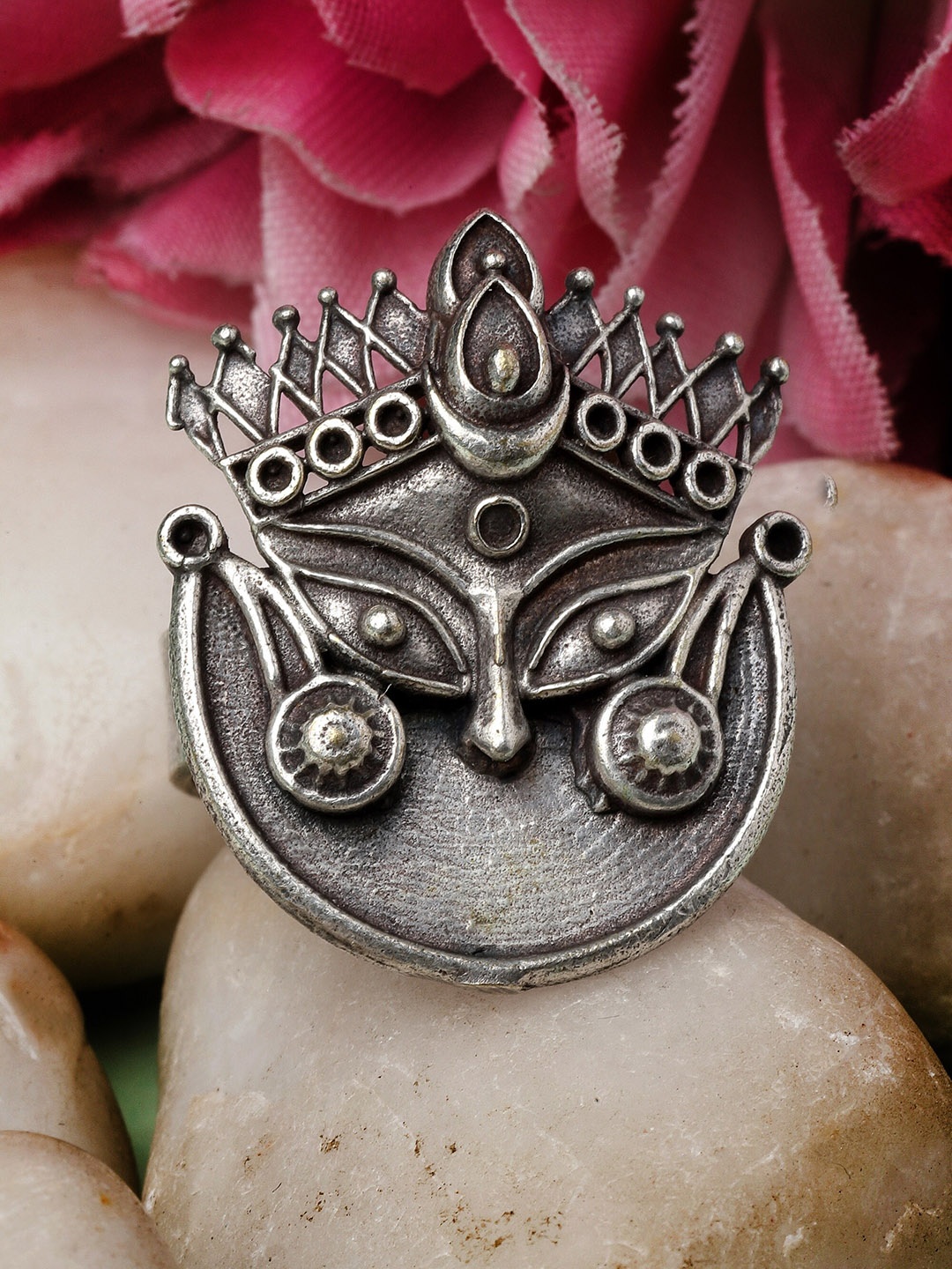 Sanjog Silver-Plated Studded Oxidized Antique Tribal Durga Adjustable Finger Ring