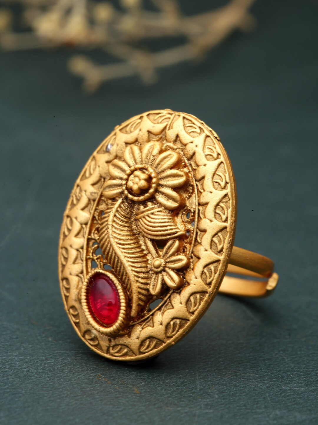 

Sanjog Gold-Plated Kundan Studded Adjustable Temple Treditional Finger Ring