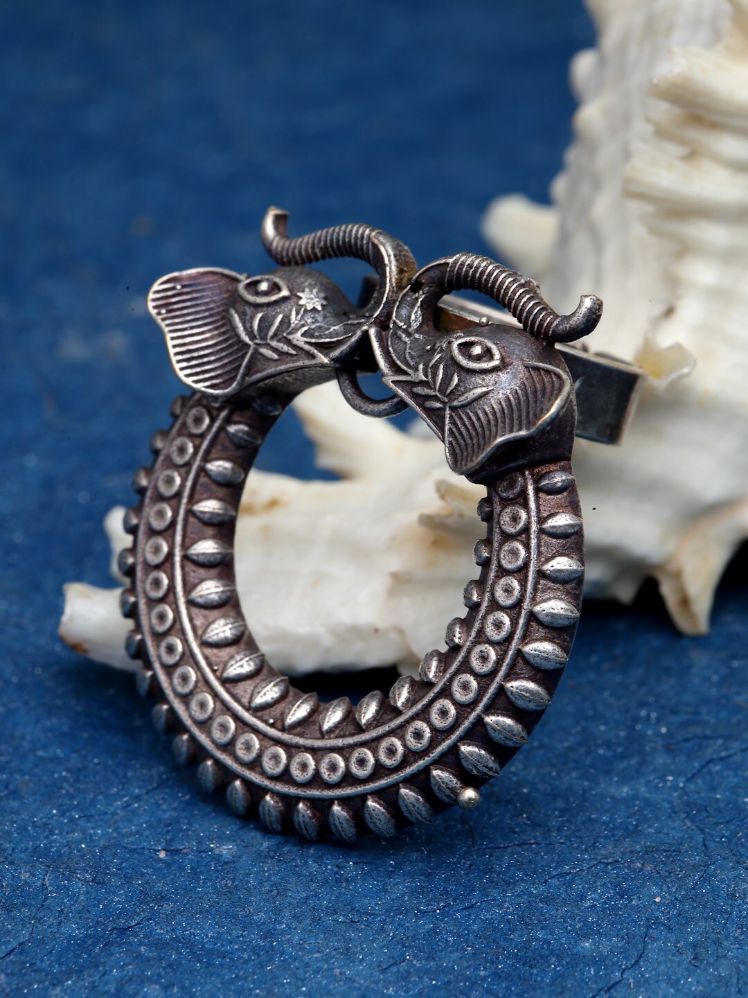 

Sanjog Silver-Plated Studded Oxidized Antique Tribal Elephant Adjustable Finger Ring