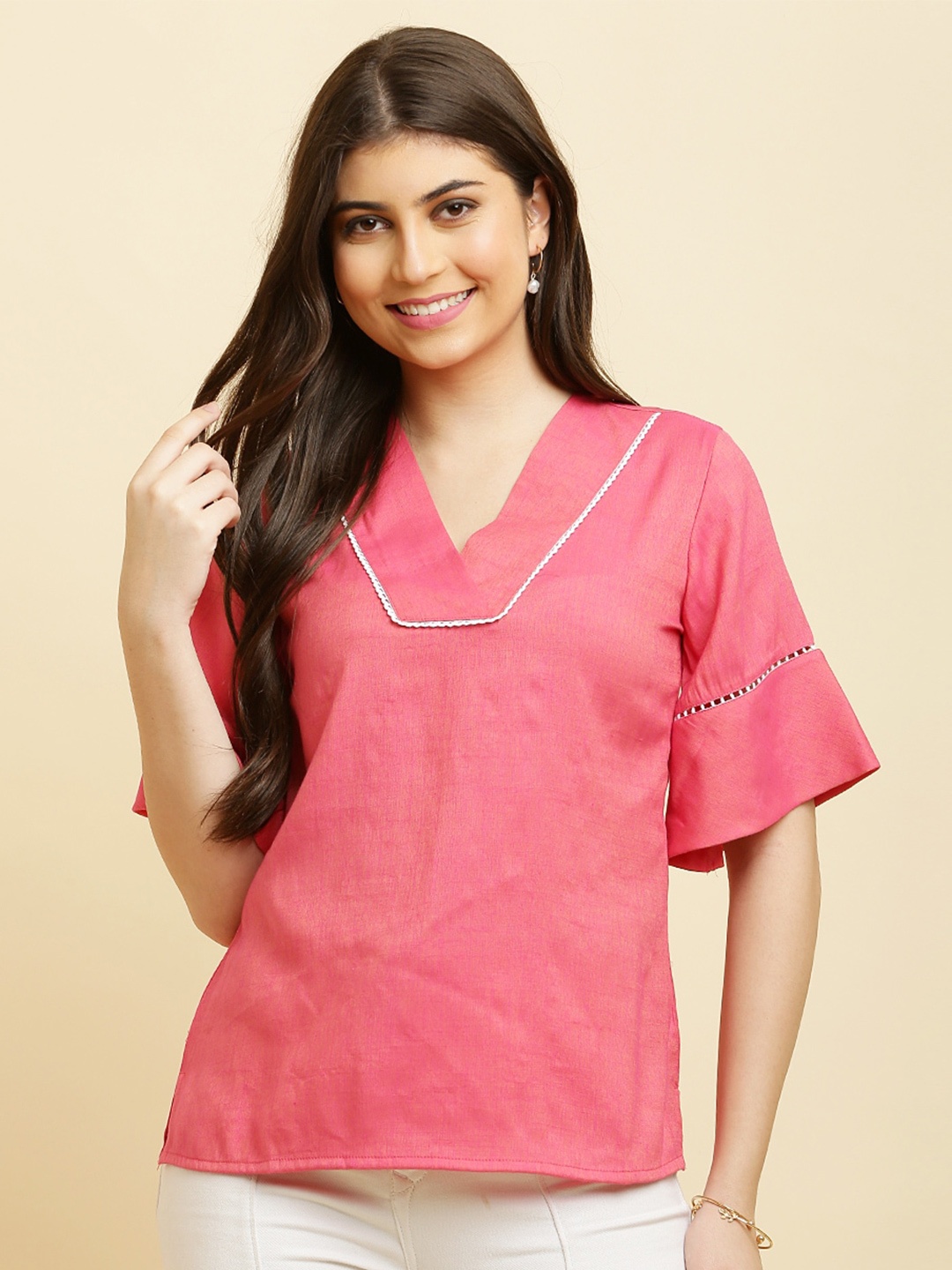 

HELLO DESIGN V-Neck Bell Sleeves Cotton Top, Peach