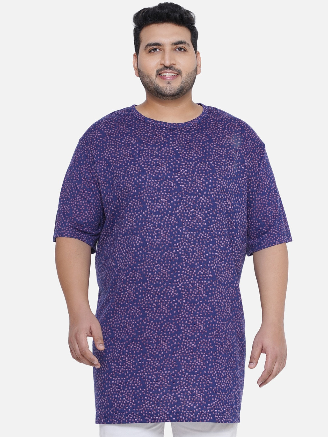 

Santonio Plus Size Floral Printed Pure Cotton Longline T-shirt, Navy blue