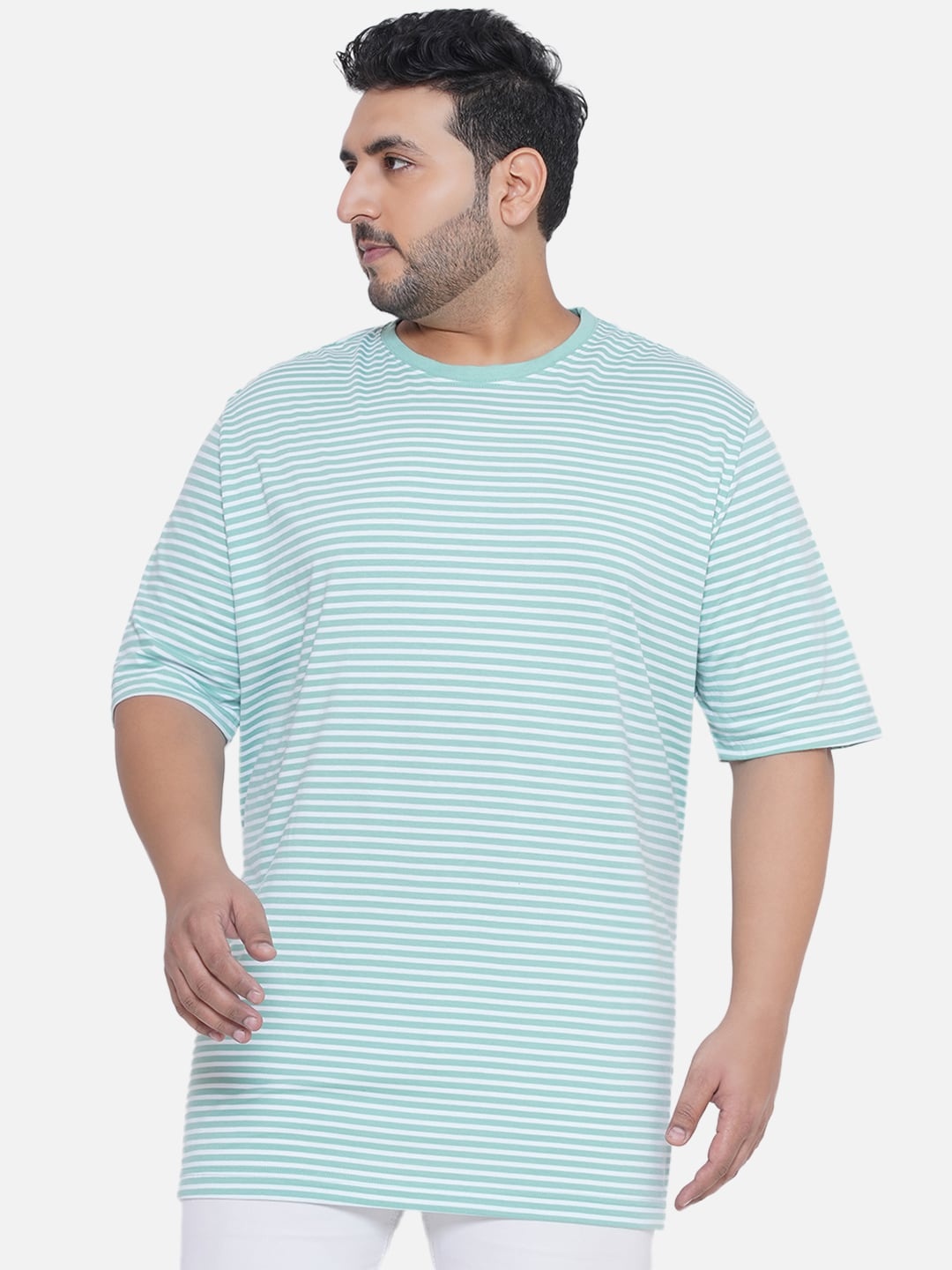 

Santonio Plus Size Striped Pure Cotton Longline T-shirt, White