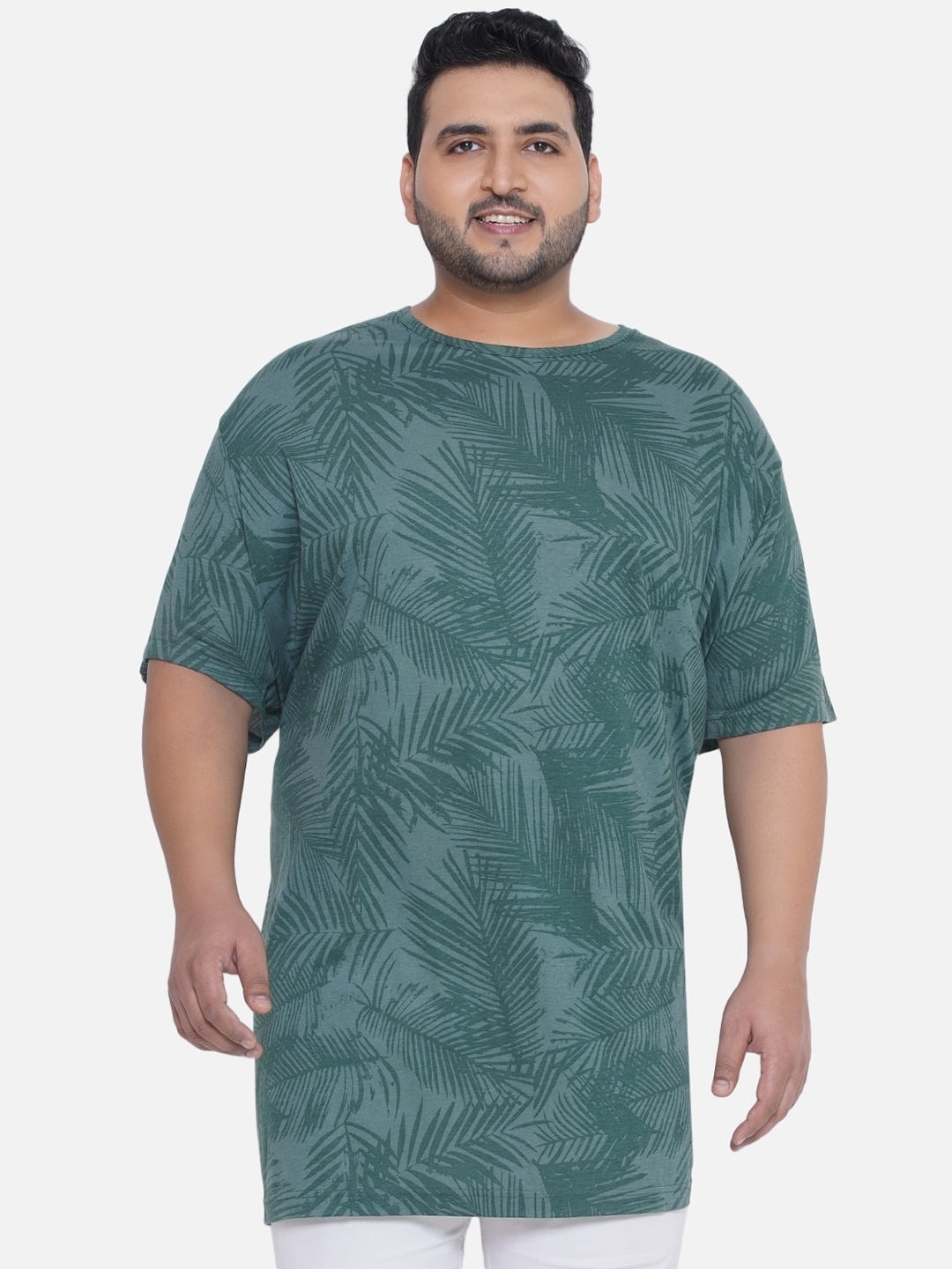 

Santonio Plus Size Tropical Printed Pure Cotton Longline T-shirt, Green