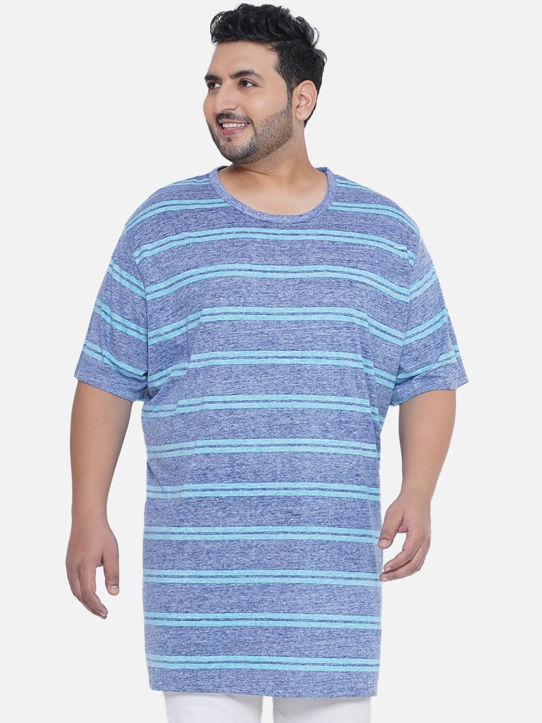 

Santonio Plus Size Striped Pure Cotton T-Shirt, Blue