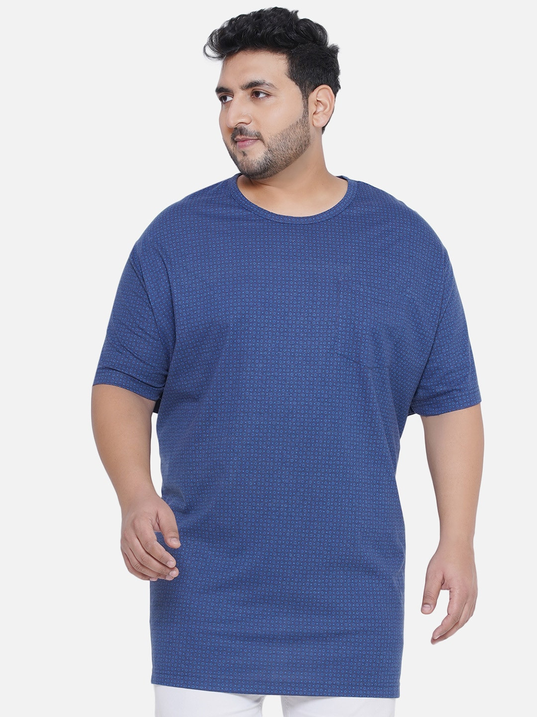 

Santonio Plus Size Micro Ditsy Printed Drop-Shoulder Sleeves Pure Cotton T-Shirt, Blue