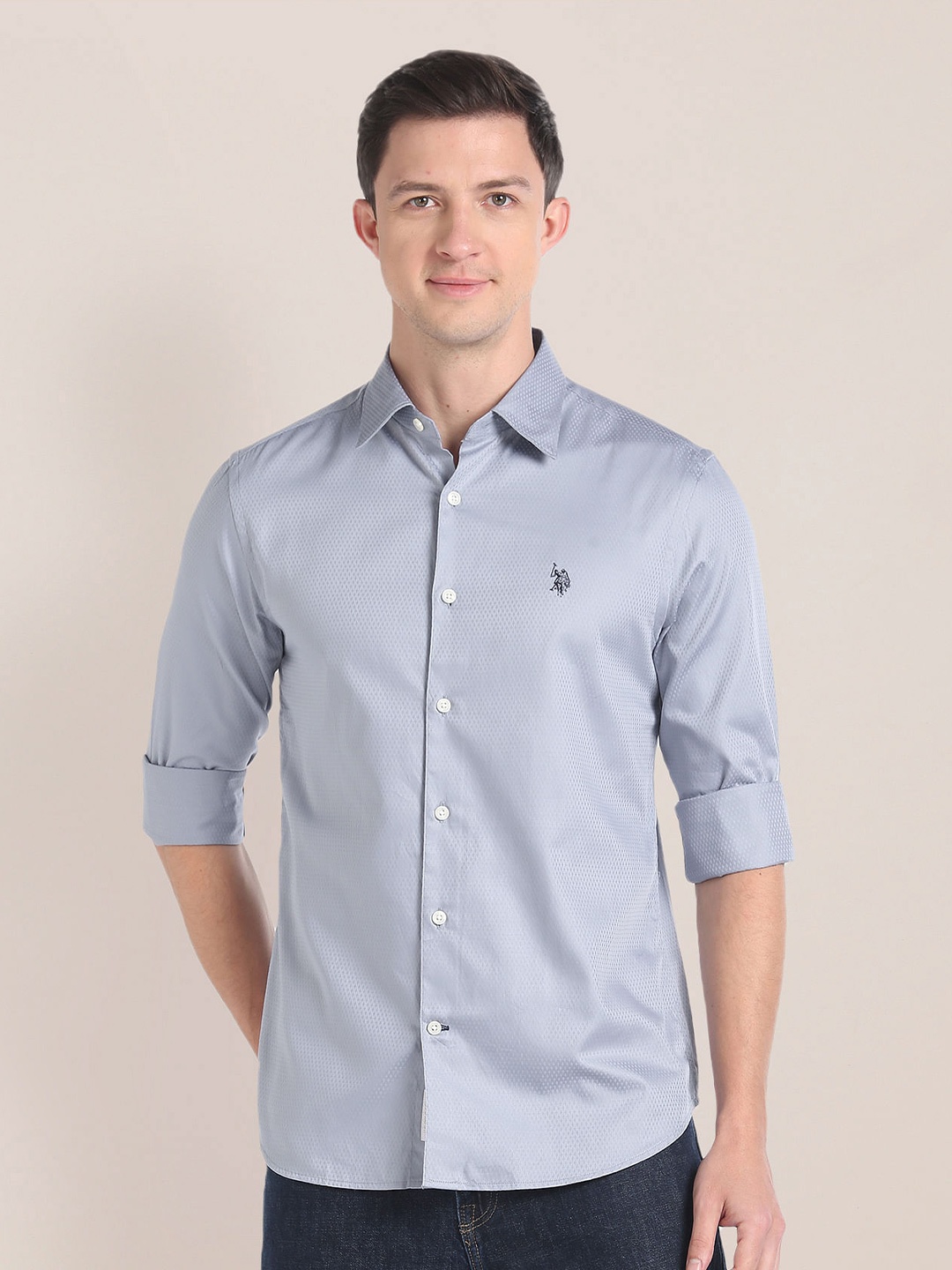 

U.S. Polo Assn. Micro Ditsy Self Design Pure Cotton Casual Shirt, Grey