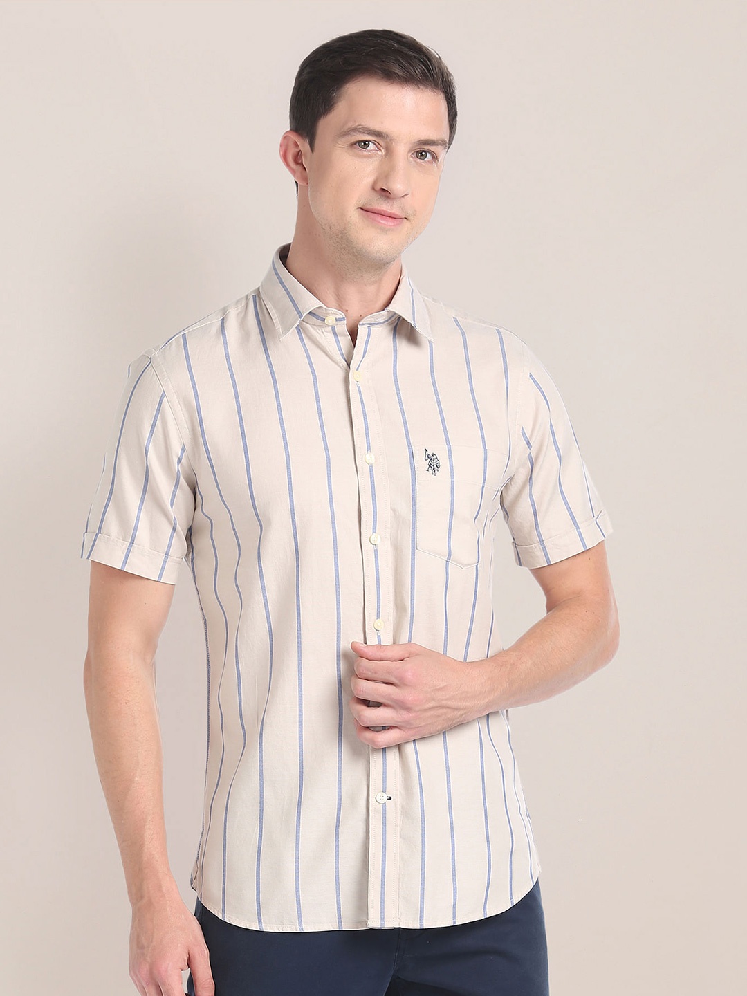 

U.S. Polo Assn. Striped Spread Collar Pure Cotton Casual Shirt, White