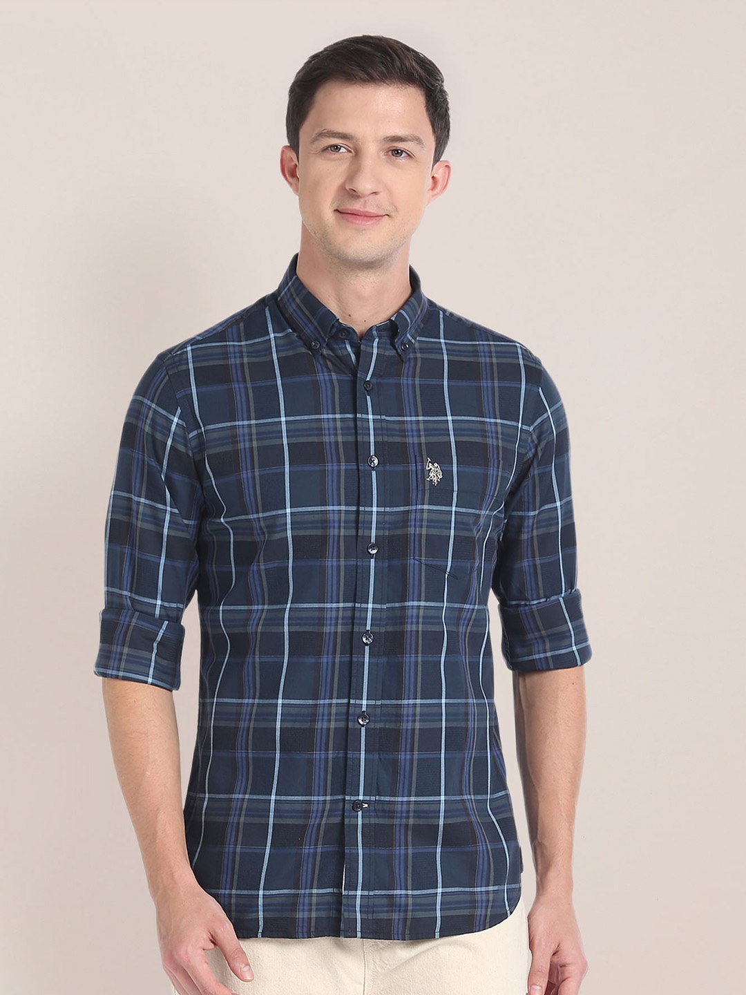 

U.S. Polo Assn. Tartan Checks Button-Down Collar Pure Cotton Casual Shirt, Blue