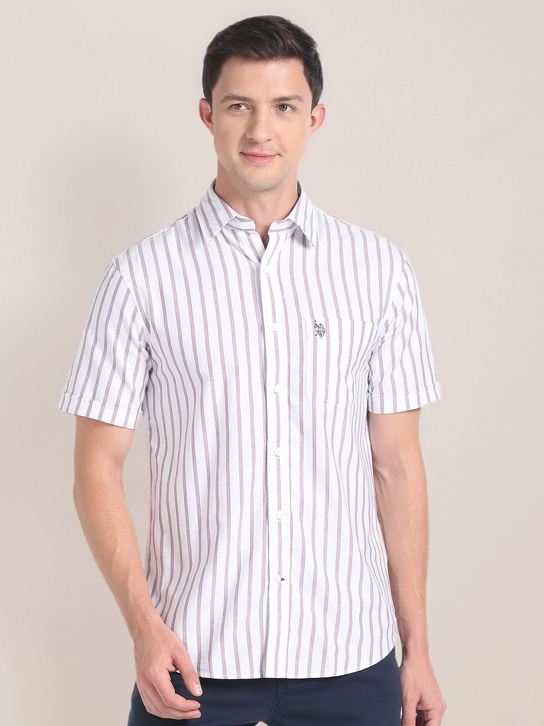 

U.S. Polo Assn. Striped Spread Collar Pure Cotton Casual Shirt, White