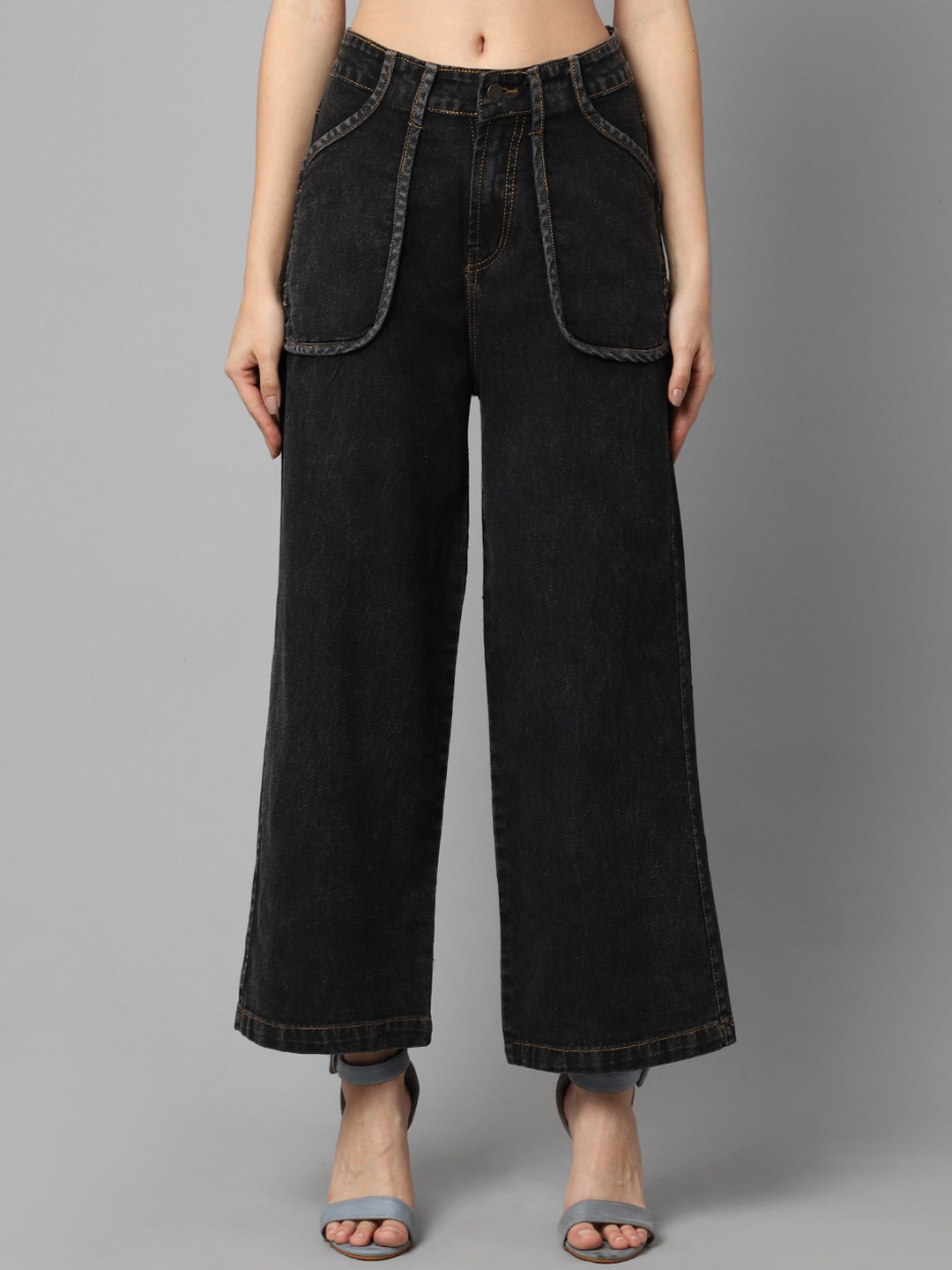 

DressBerry Women Charcoal Wide Leg High Rise Cotton Jeans