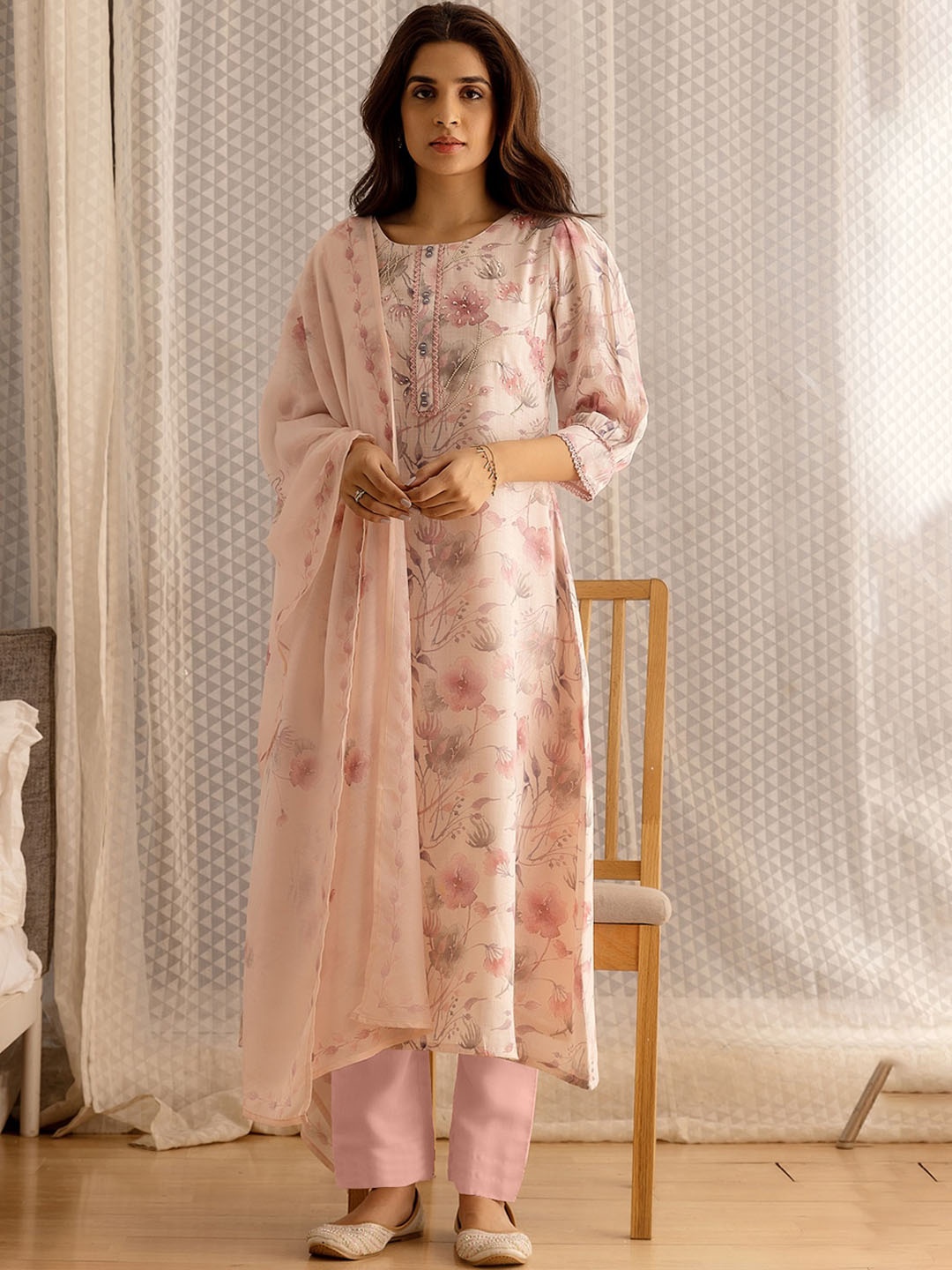 

Ishin Floral Printed Beads & Stones Linen A-Line Kurta with Trouser & Dupatta, Peach