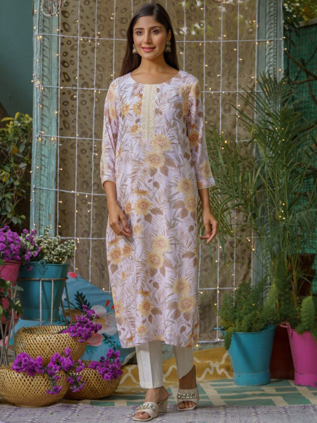 

Ishin Floral Printed Regular Sequinned Linen Kurta With Trousers & Dupatta, Mustard
