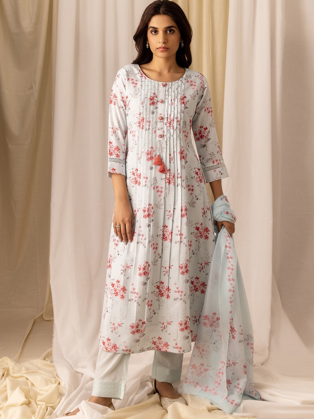 

Ishin White Floral Printed Beads & Stones Linen A-Line Kurta & Trousers With Dupatta