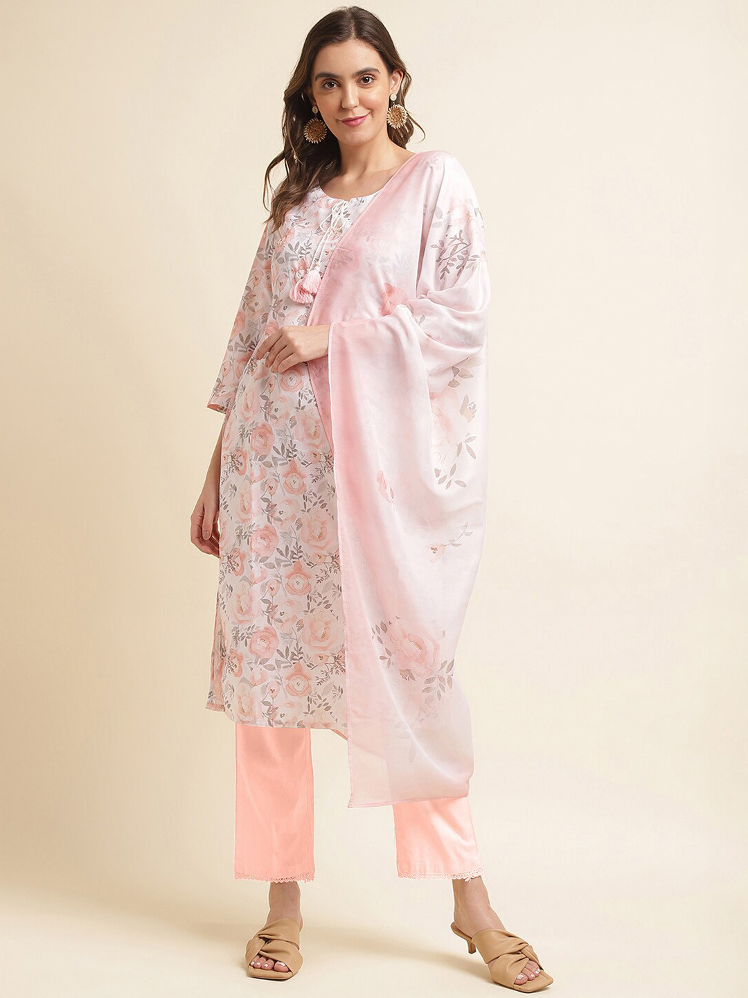 

Ishin Floral Printed Tie-Up Neck Beads and Stones Straight Kurta with Trousers & Dupatta, Pink