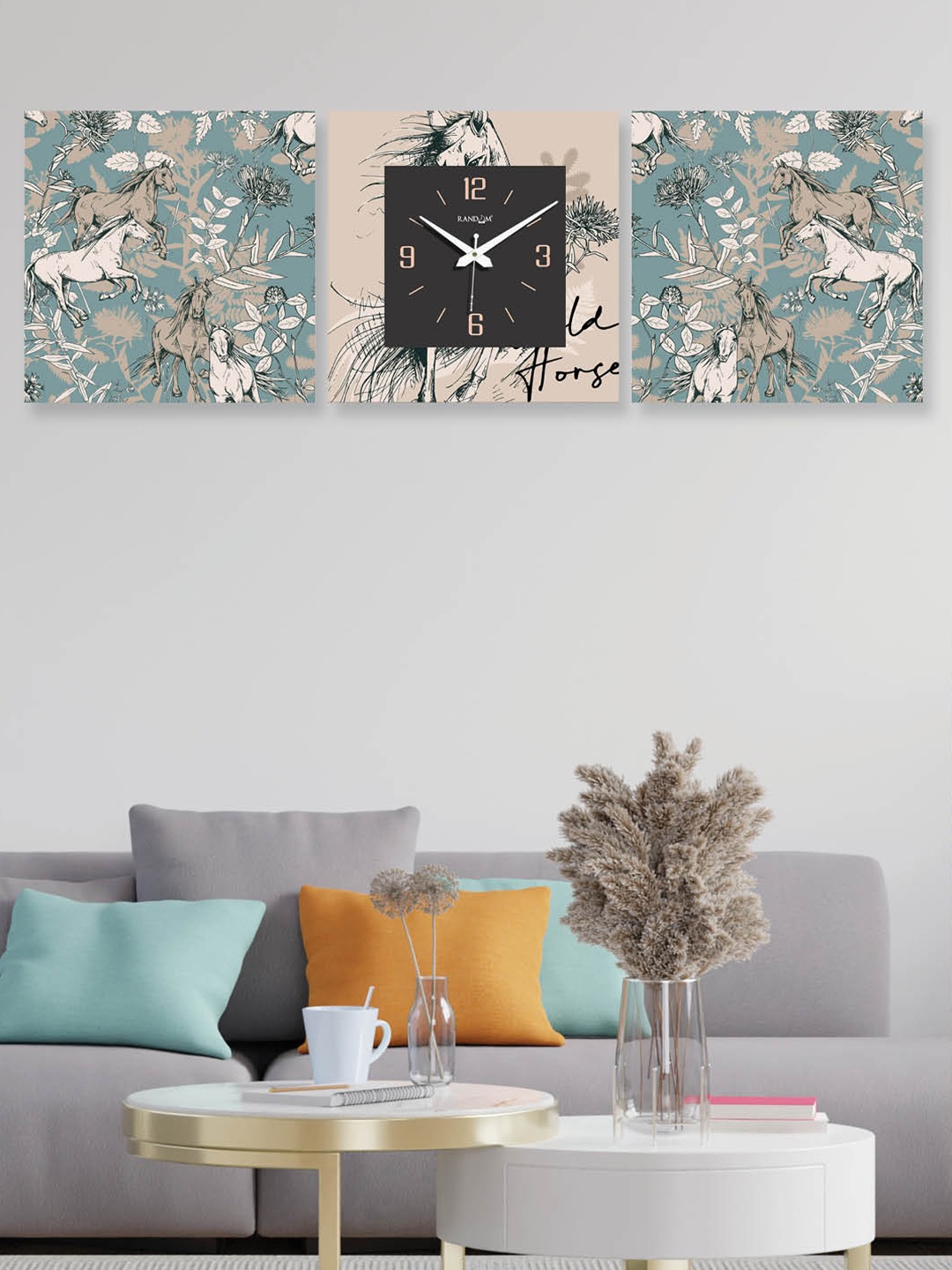 

RANDOM White & Black 3 Pieces Printed Square Shaped Contemporary Wall Clock & Wall Art