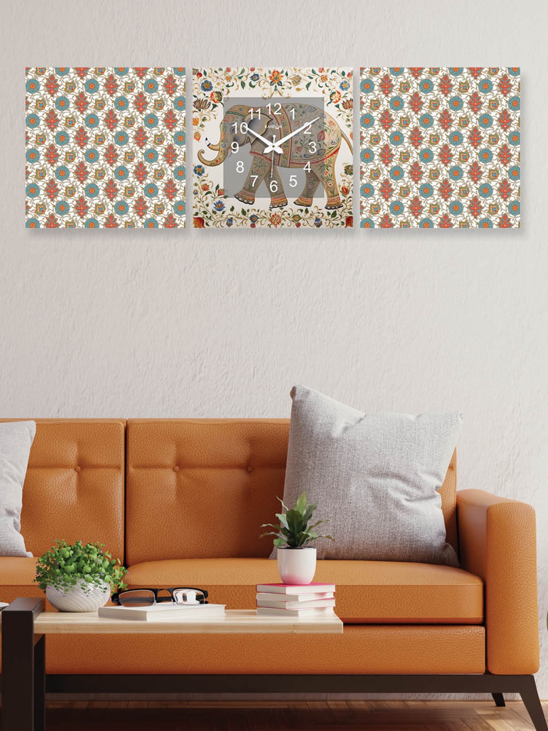 

RANDOM Brown & Red 3 Pcs Elephant Art Printed Traditional Analogue Wall Clock & Wall Art