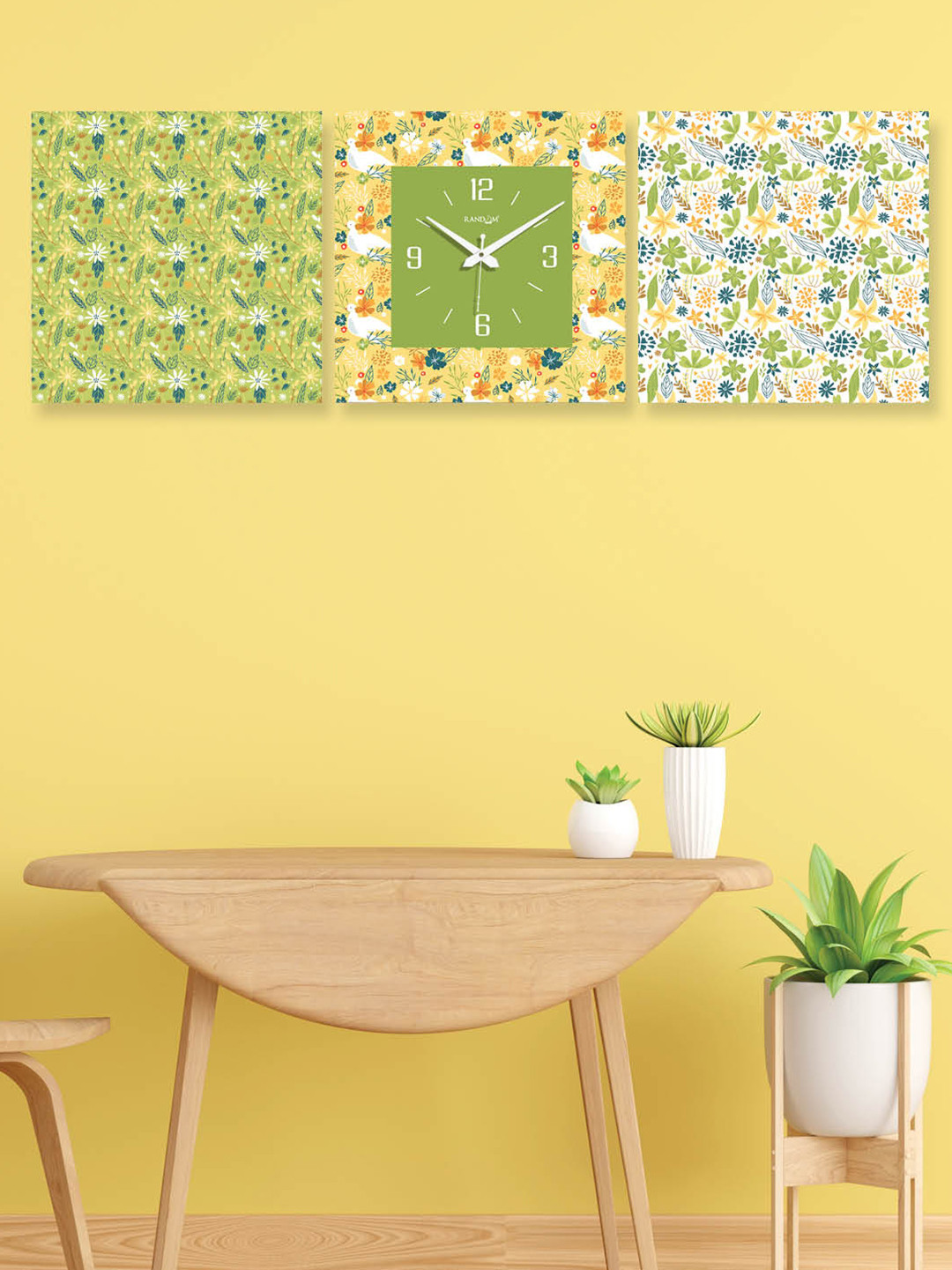 

RANDOM Green & White 3 Pieces Printed Square Shaped Contemporary Wall Clock & Wall Art
