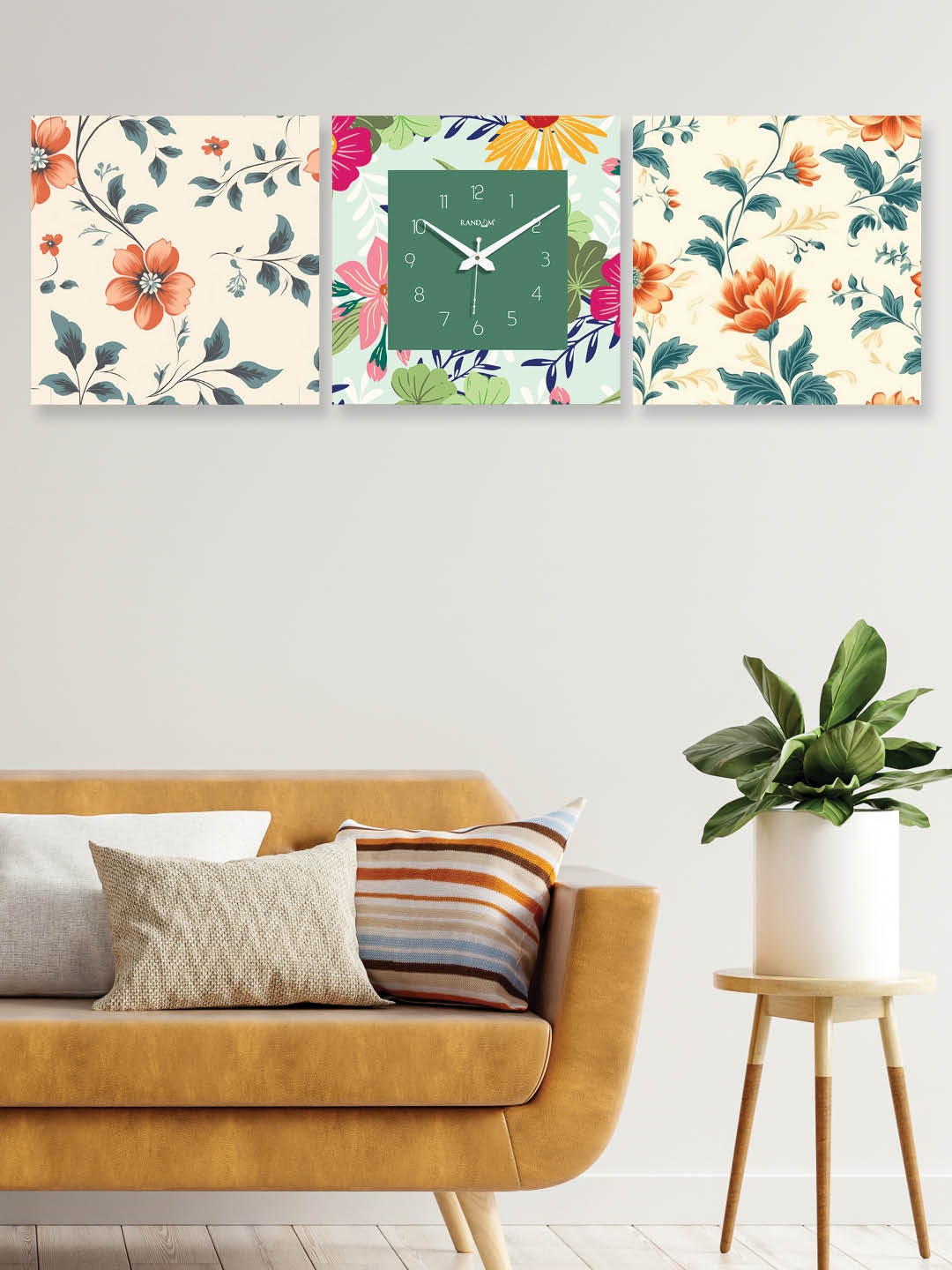 

RANDOM Green & Cream-Coloured 3 Pieces Printed Contemporary Wall Clock & Wall Art