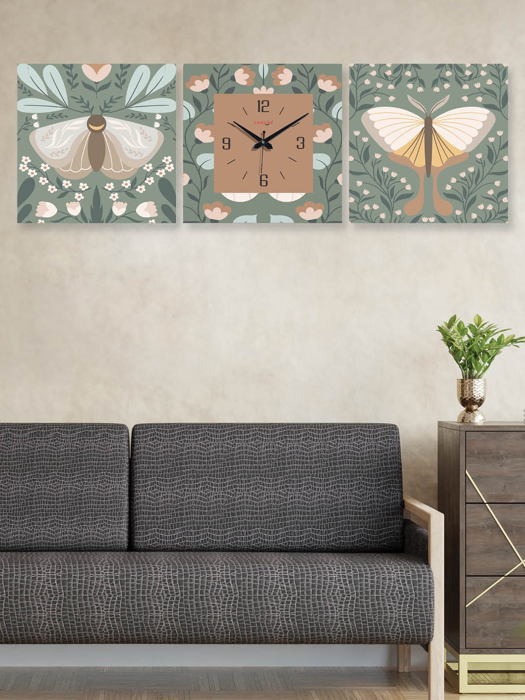 

RANDOM Brown & Black 3 Pieces Printed Square Shaped Contemporary Wall Clock & Wall Art