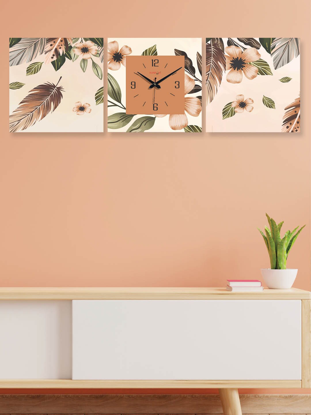 

RANDOM Cream & Brown 3 Pieces Printed Square Shaped Contemporary Wall Clock & Wall Art