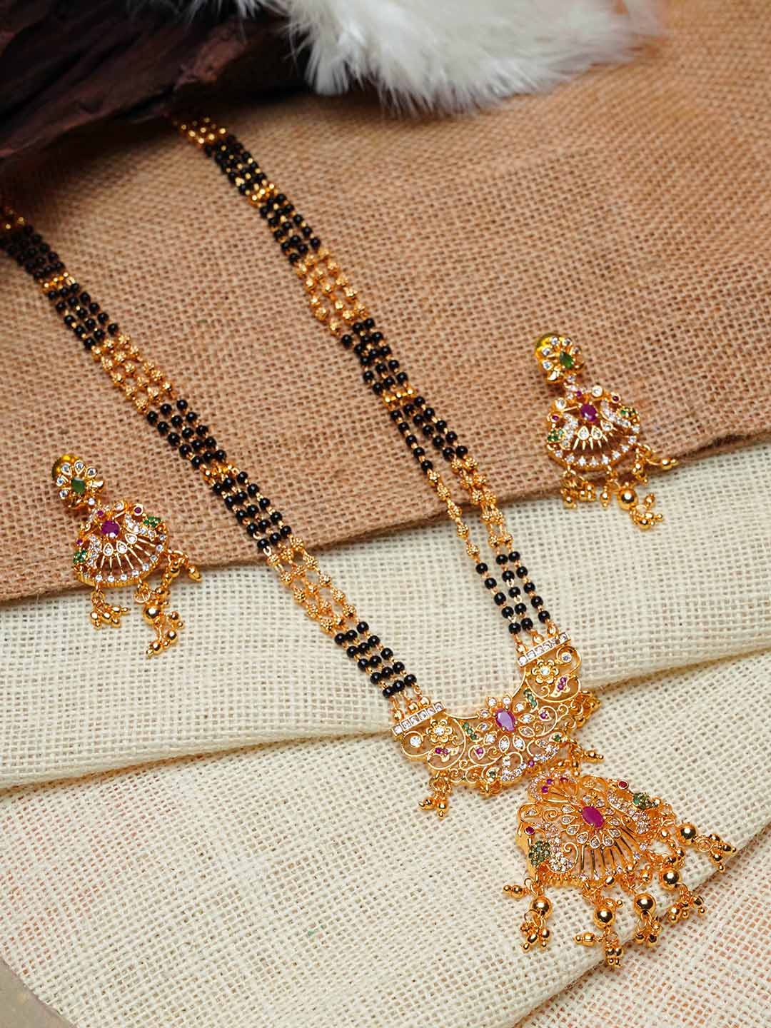 

GRIIHAM Gold-Plated Stone-Studded & Beaded Mangalsutra With Earrings