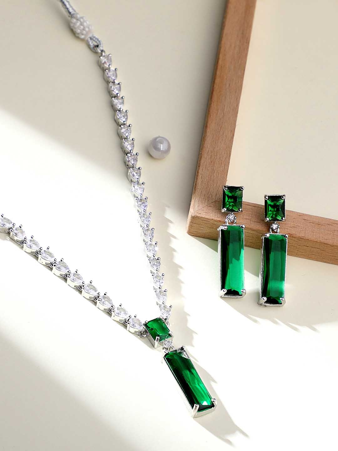 

ASMITTA JEWELLERY Silver-Plated Cubic Zirconia-Studded Necklace & Earrings, Green