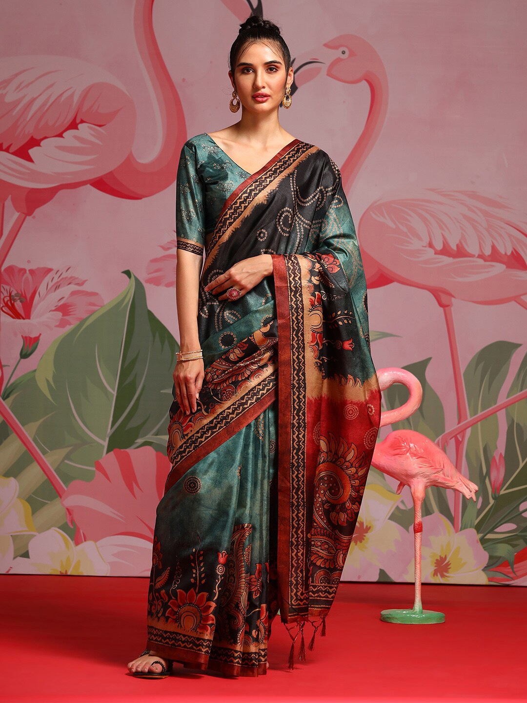 

Saree mall Teal & Red Floral Printed Sarees