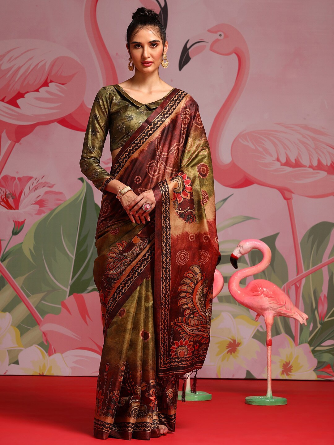 

Saree mall Ethnic Motif Printed Block Print Sarees, Green