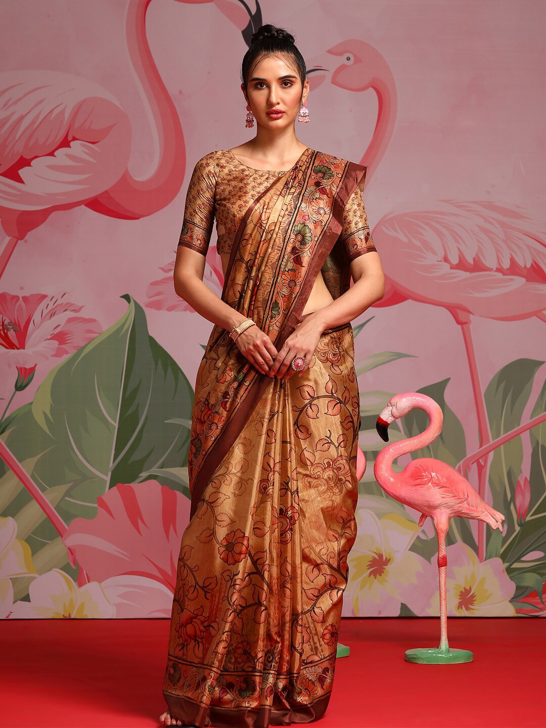 

Saree mall Floral Printed Bagh Sarees, Camel brown