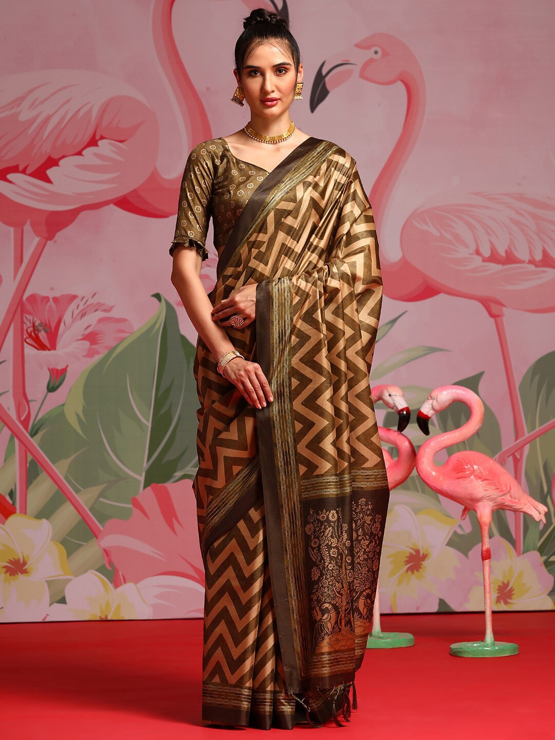 

Saree mall Olive Green & Beige Geometric Printed Sarees