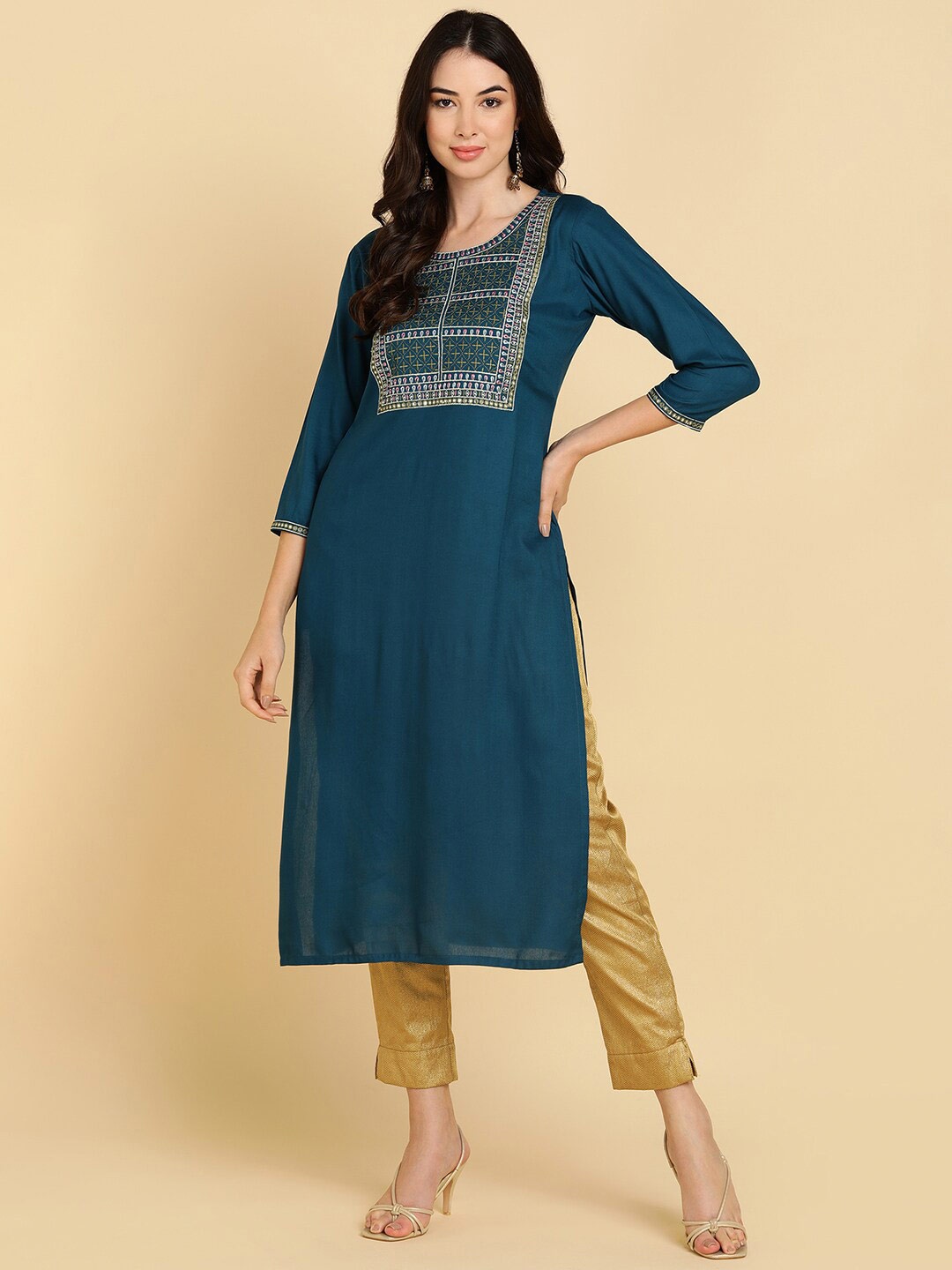 

MissKurti Ethnic Motifs Embroidered Straight Kurta, Teal