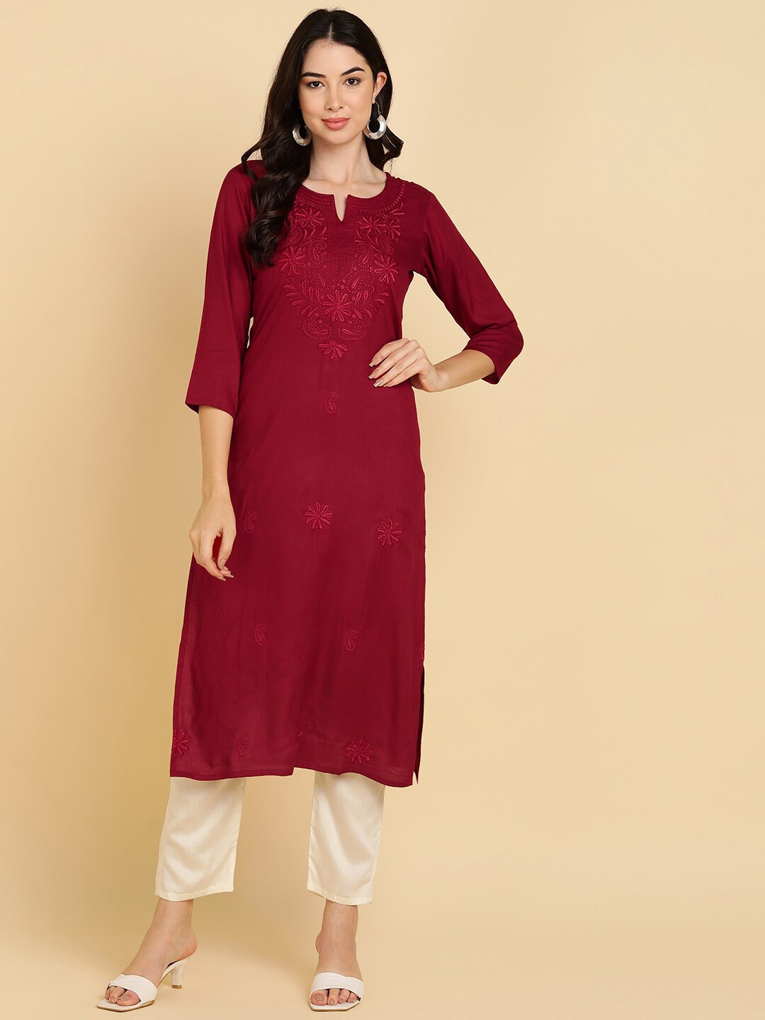 

MissKurti Floral Embroidered Straight Kurta, Maroon
