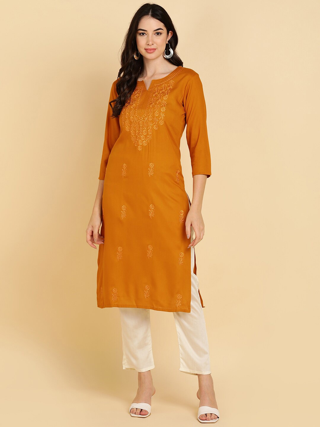 

MissKurti Floral Embroidered Thread Work Straight Kurta, Mustard