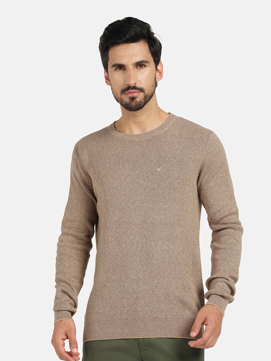 

Blackberrys Round Neck Long Sleeves Cotton Pullover, Beige