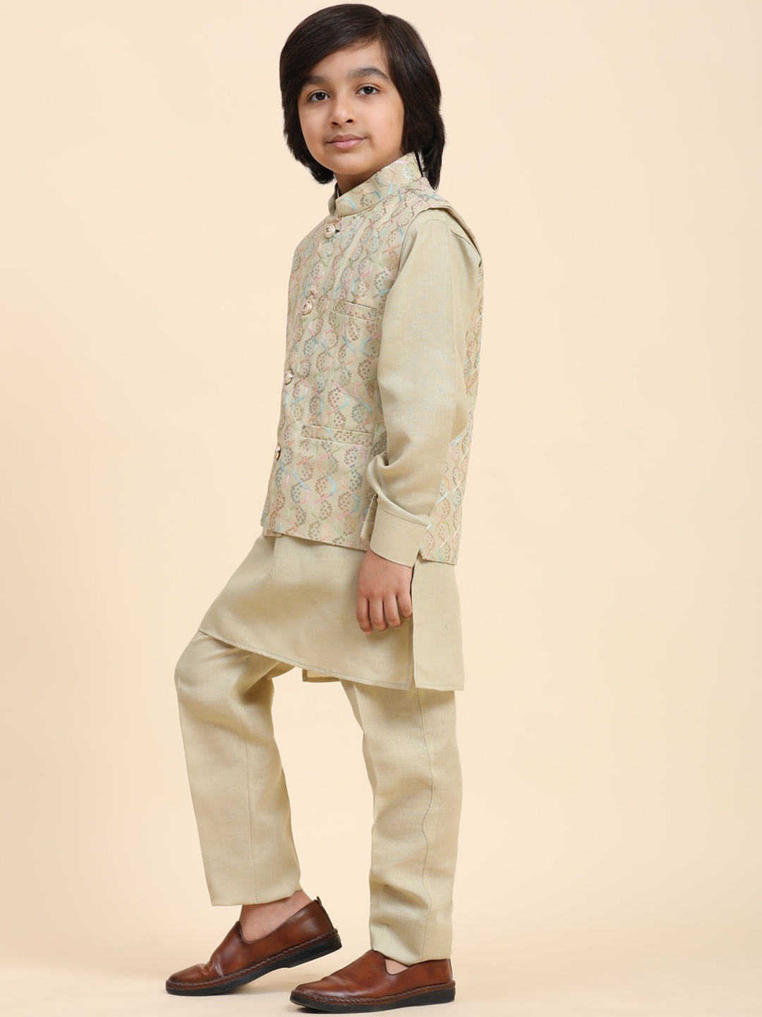 

Pro-Ethic STYLE DEVELOPER Boys Beige Regular Cotton Kurta Pajama & Nehru jacket
