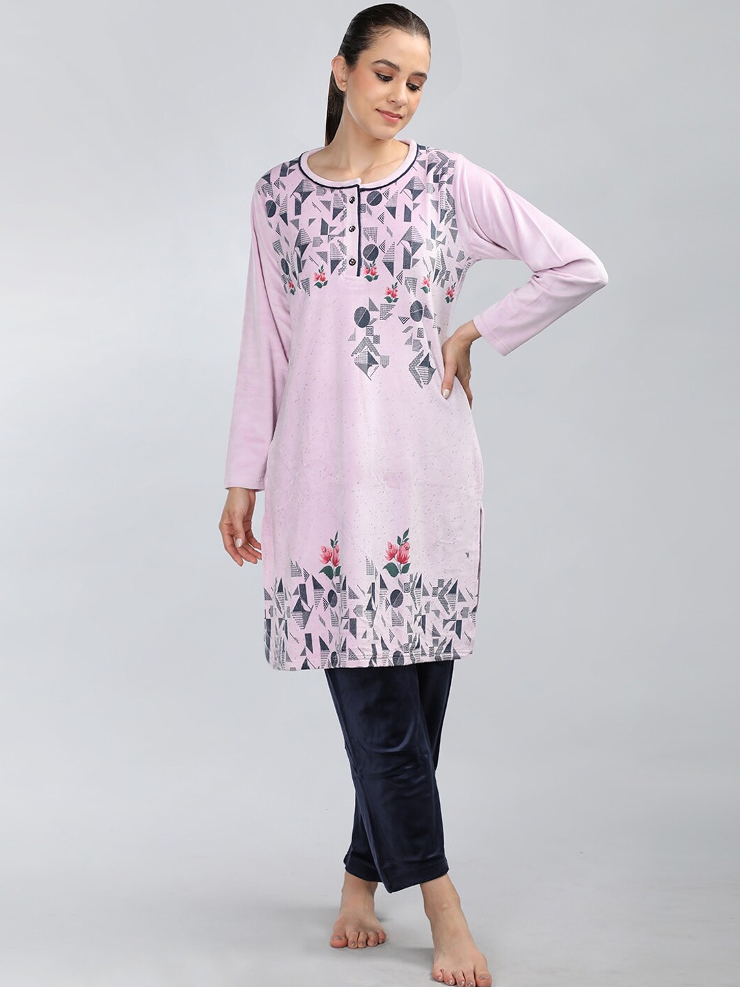 

Duchess Velvet Printed Night suit, Pink
