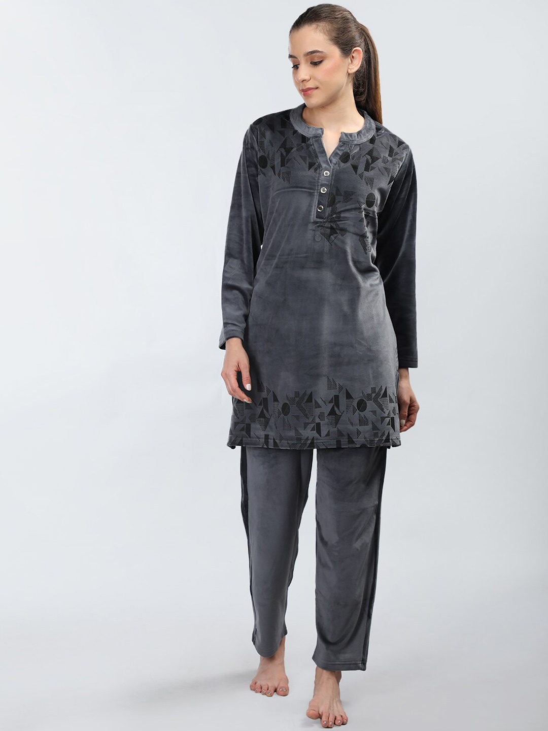 

Duchess Printed Kurti & Pyjamas Velvet Night suit, Grey