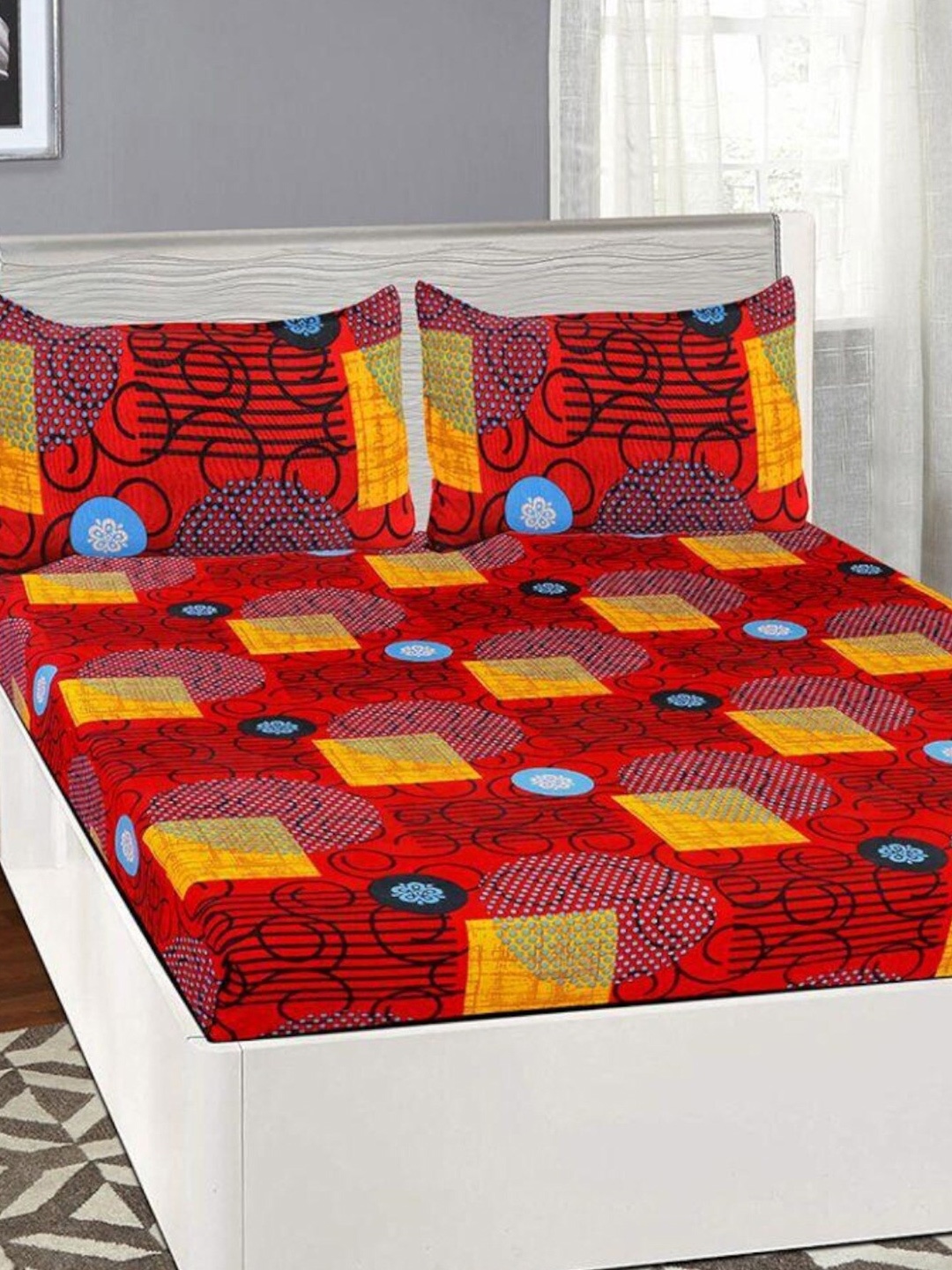 

HOMETALES Red & Yellow Geometric 144 TC Queen Bedsheet With 2 Pillow Covers