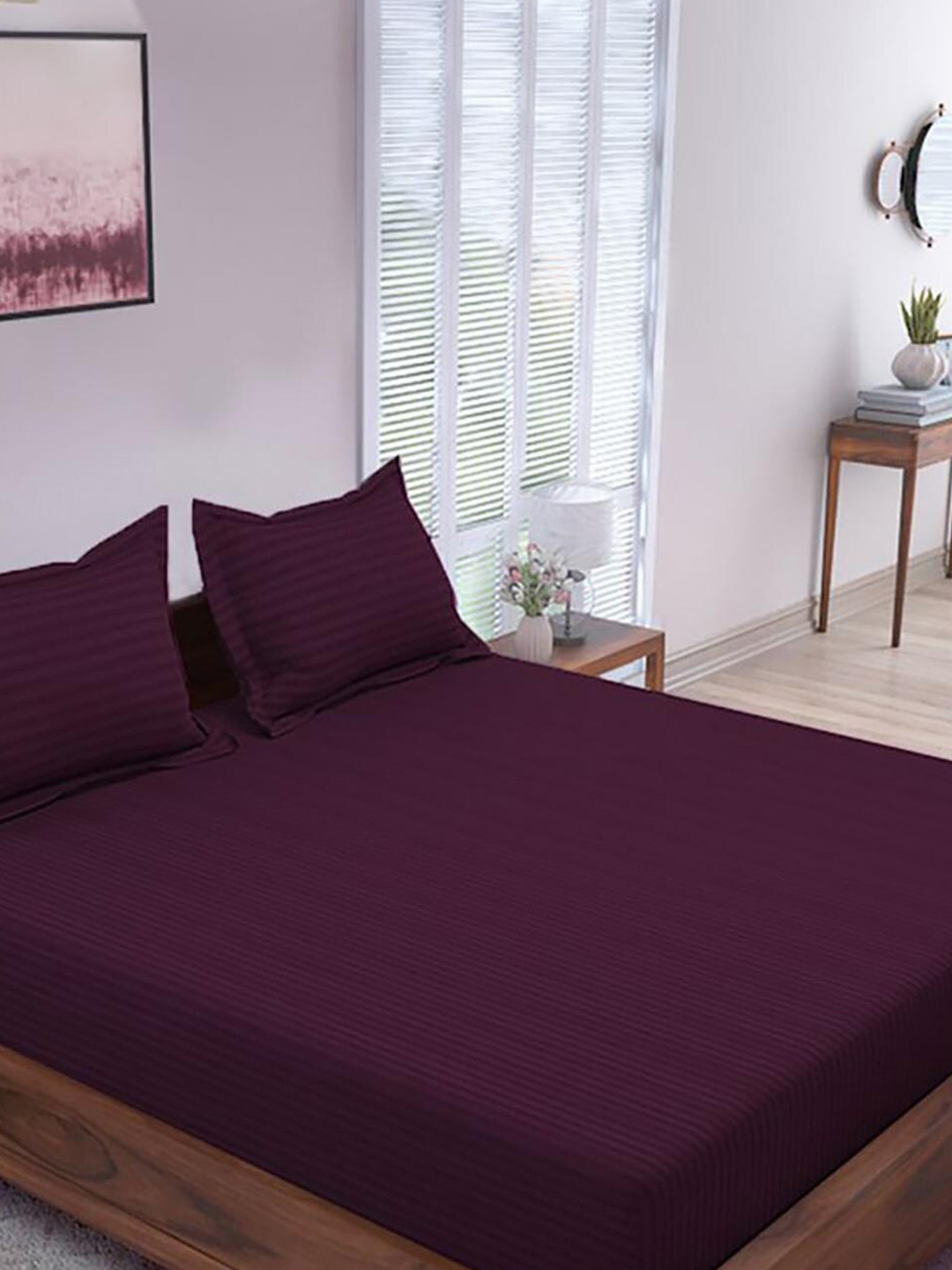

HOMETALES Purple Striped Cotton 300 TC King Bedsheet With 2 Pillow Covers