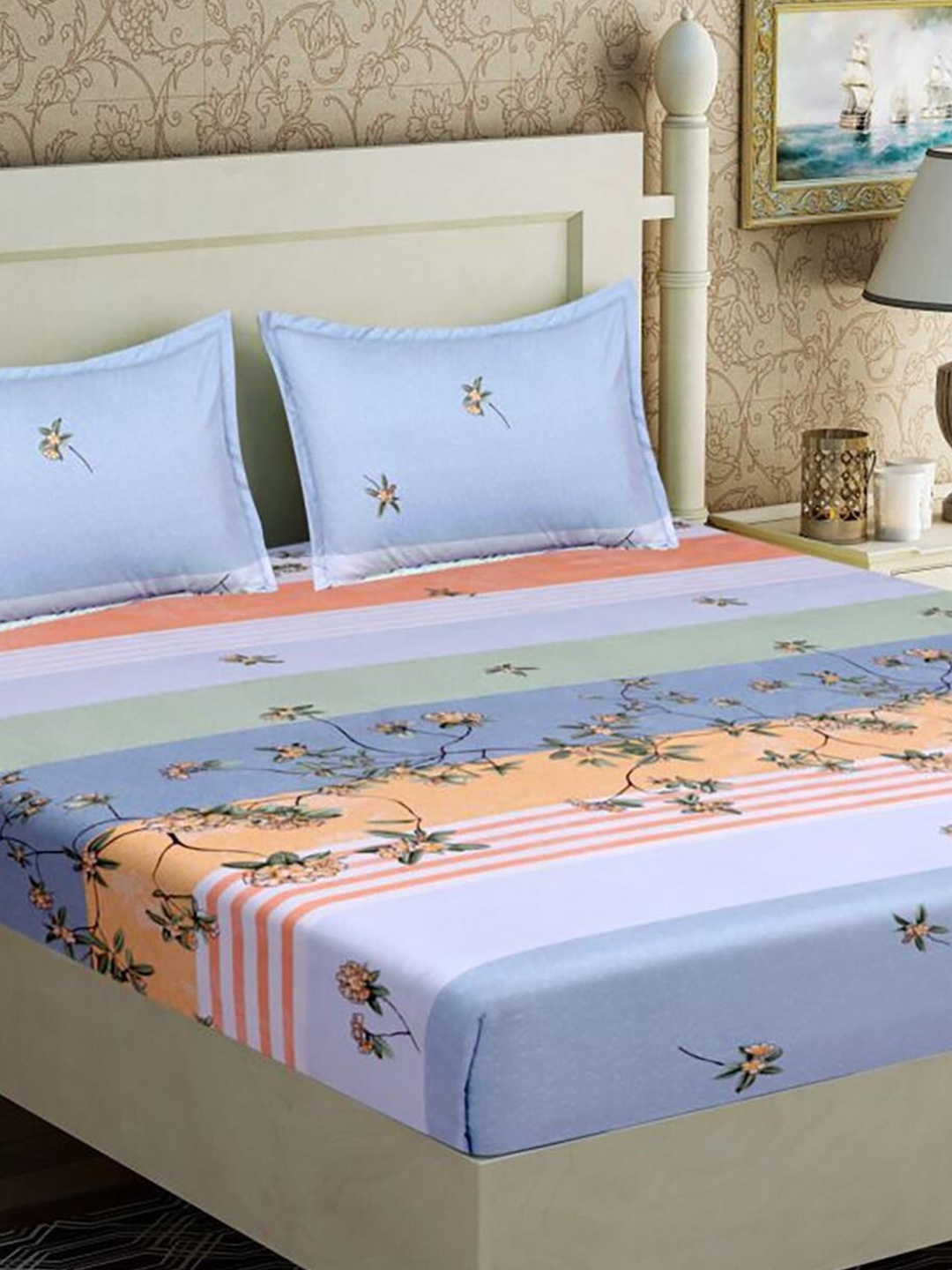 

HOMETALES Blue & Green Floral Microfiber 128 TC Queen Bedsheet With 2 Pillow Covers