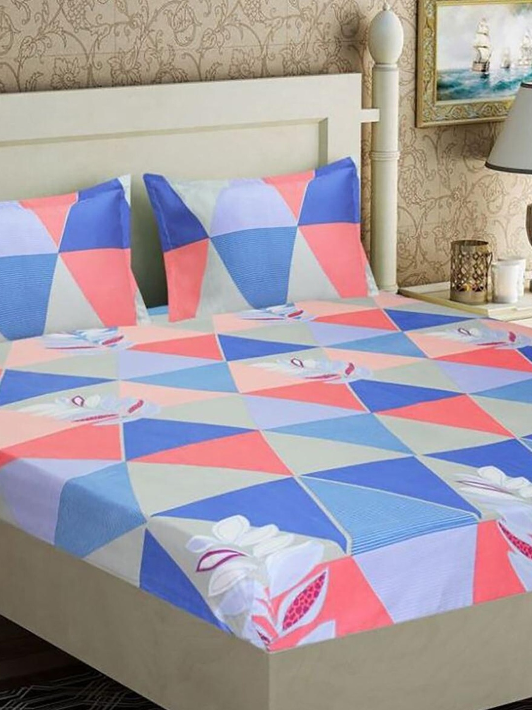 

HOMETALES Blue & Grey Geometric Microfiber 128 TC Queen Bedsheet With 2 Pillow Covers