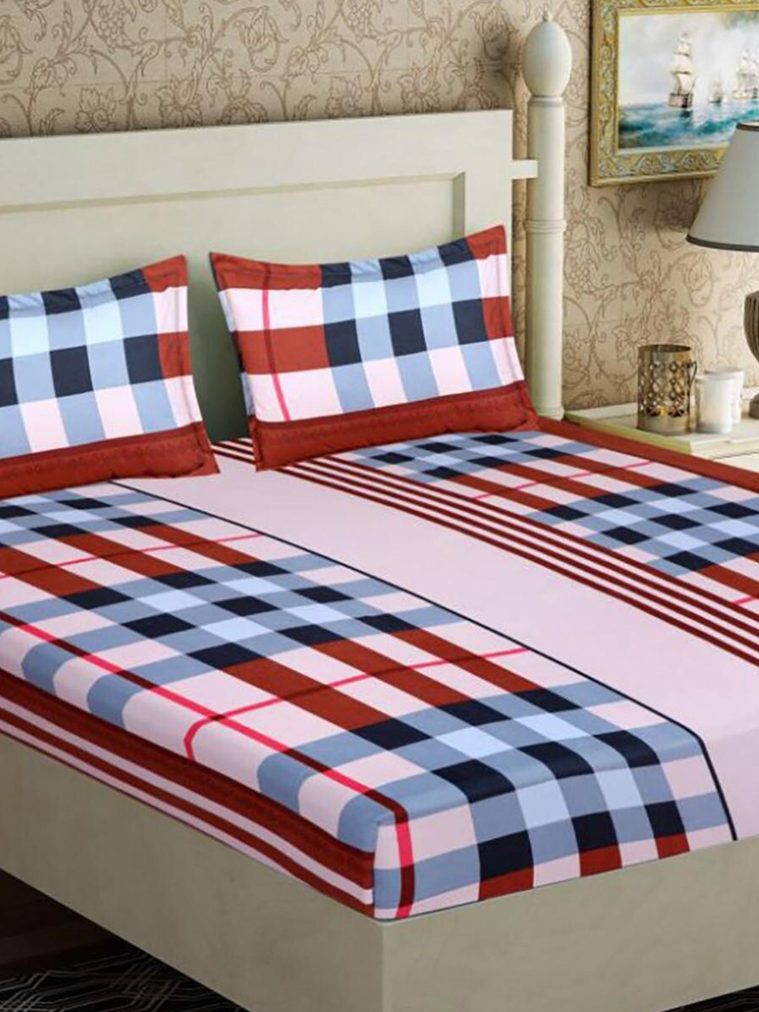 

HOMETALES Brown & Blue Geometric Microfiber 128 TC Queen Bedsheet With 2 Pillow Covers