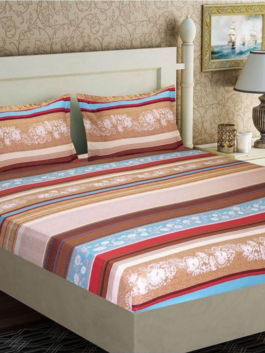 

HOMETALES Brown & Red Striped Microfiber 128 TC Queen Bedsheet With 2 Pillow Covers
