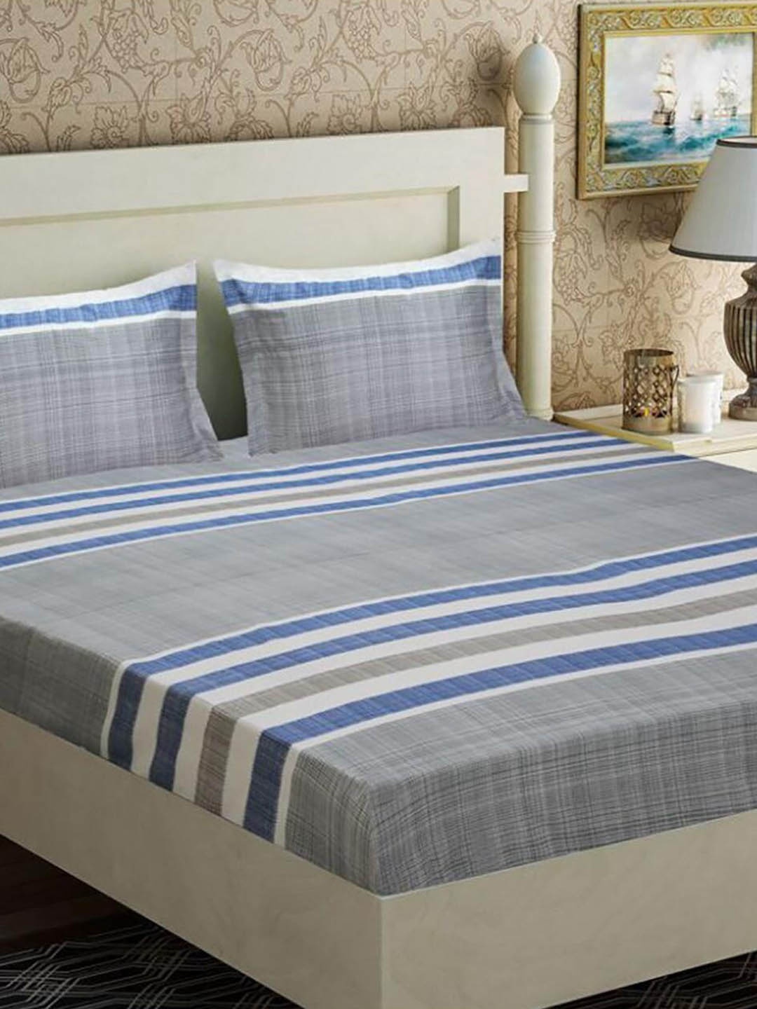 

HOMETALES Grey & Blue Striped Microfiber 128 TC Queen Bedsheet With 2 Pillow Covers