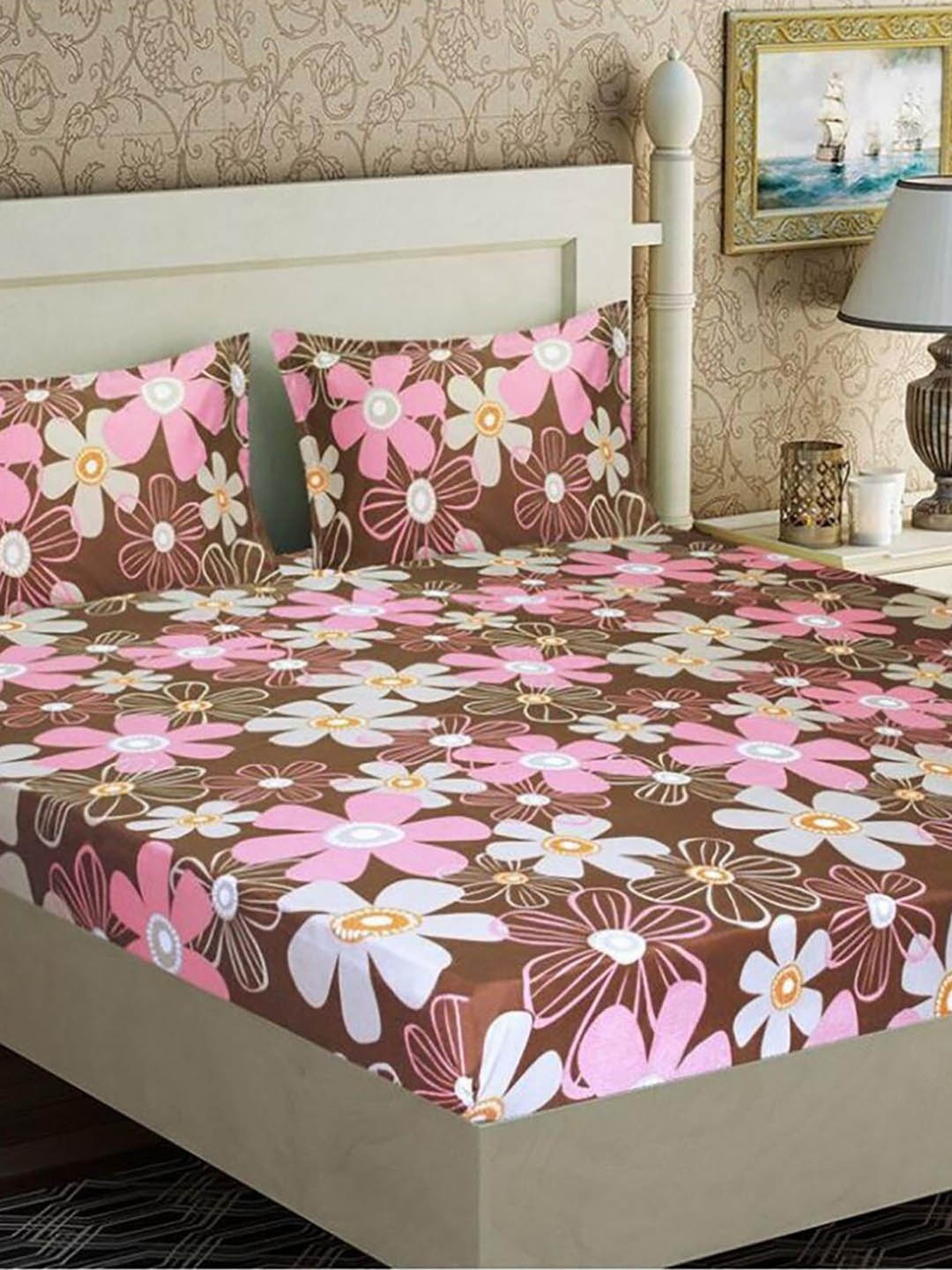 

HOMETALES Brown & Pink Floral Microfiber 128 TC Queen Bedsheet With 2 Pillow Covers