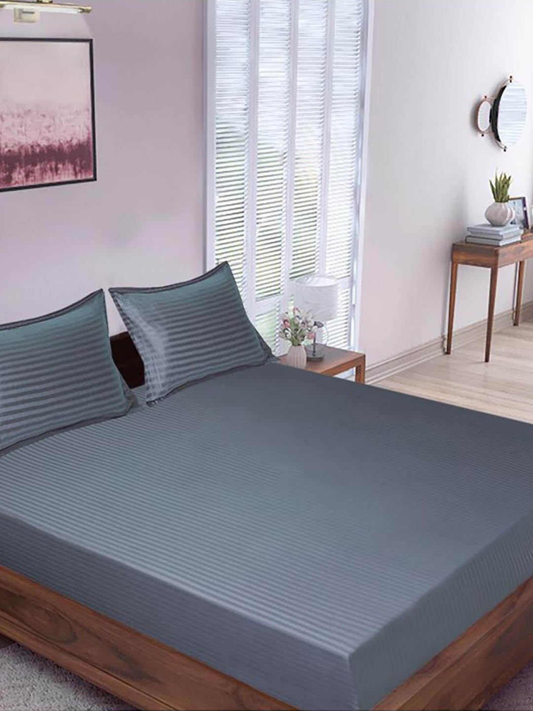 

HOMETALES Grey Striped Cotton 300 TC King Bedsheet With 2 Pillow Covers