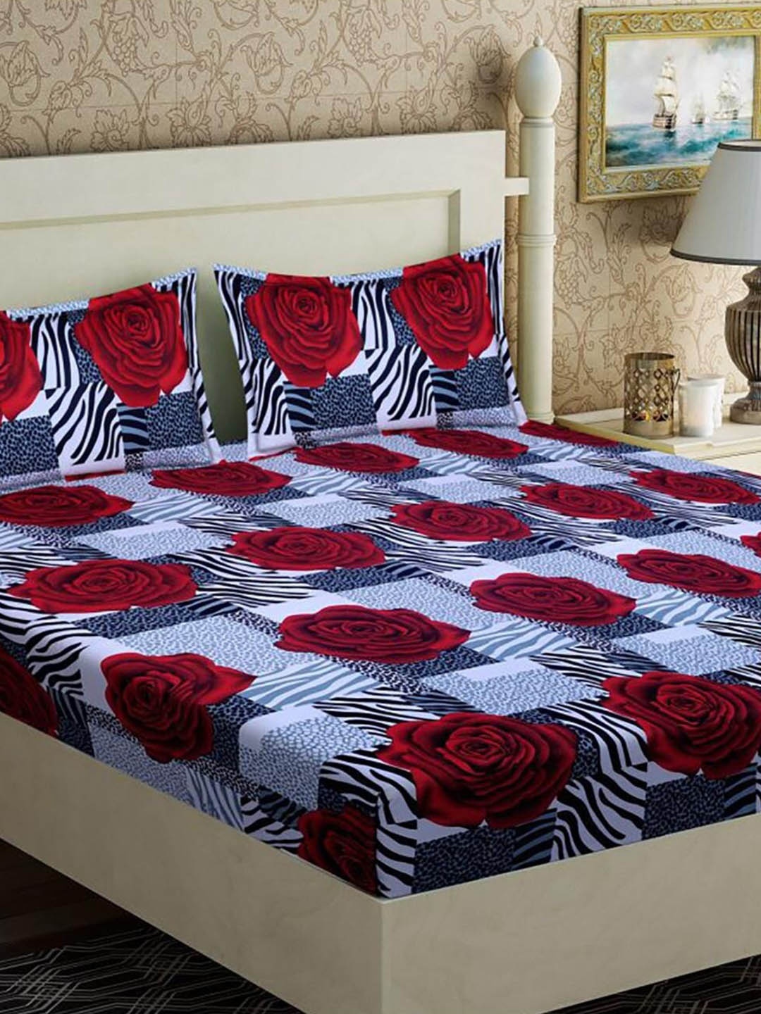 

HOMETALES Red & Blue Floral Microfiber 128 TC Queen Bedsheet With 2 Pillow Covers